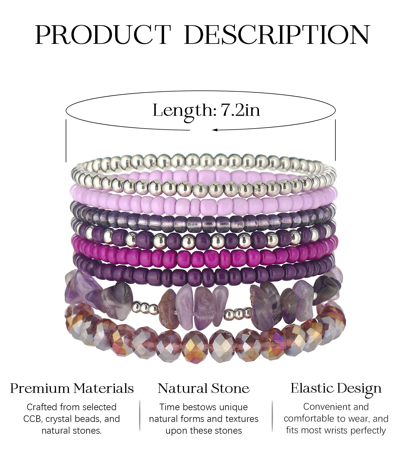 Noessla Boho Beaded Bracelets for Women Stackable Irregular Natural Stone Bead Stretch Bracelet Set 8PCS Costume Jewelry Gifts for Her(Purple)