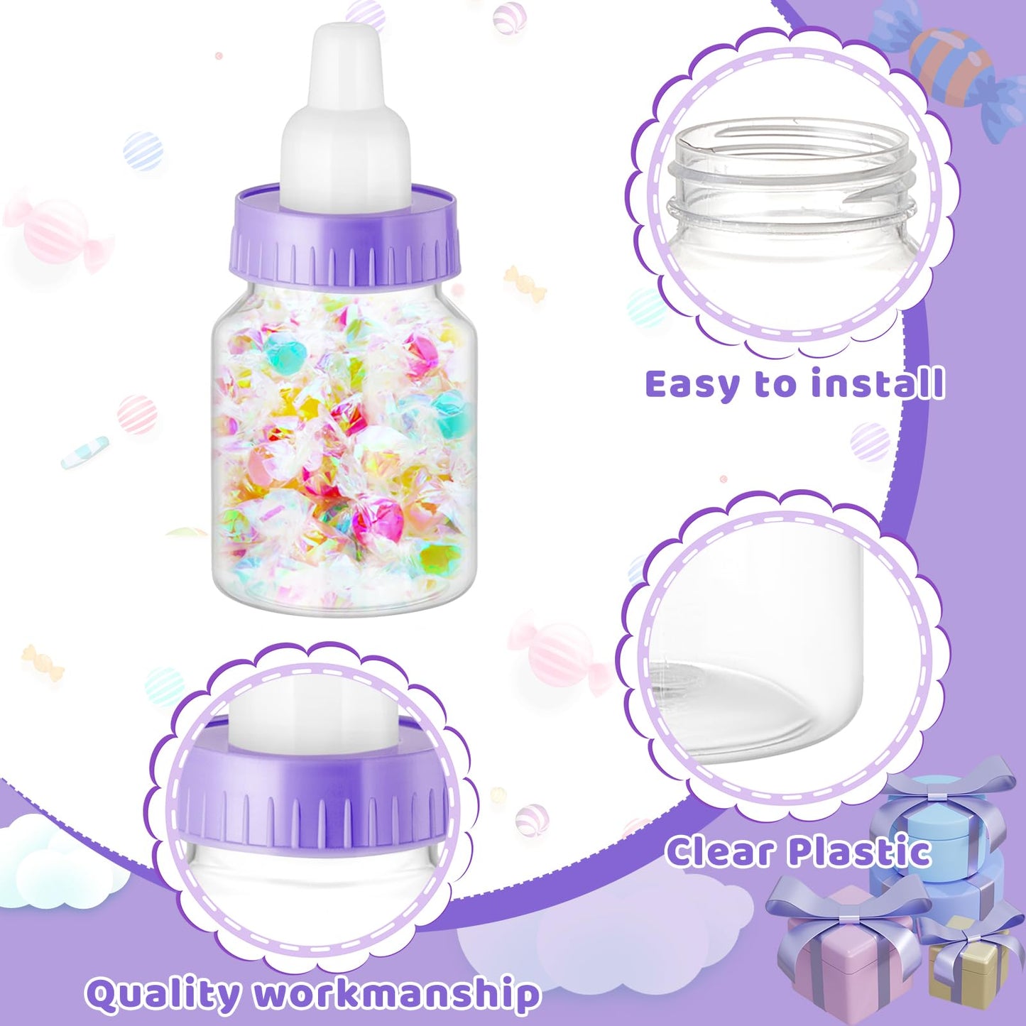 Patelai 36 Pcs 3.5 Inch Baby Bottle Shower Favor Mini Plastic Candy Bottle Clear Bottles for Baby Shower Mini Feeding Candy Figurine Coin Trinket Box for Mom to Be Party Baptism Newborn Gift(Purple)