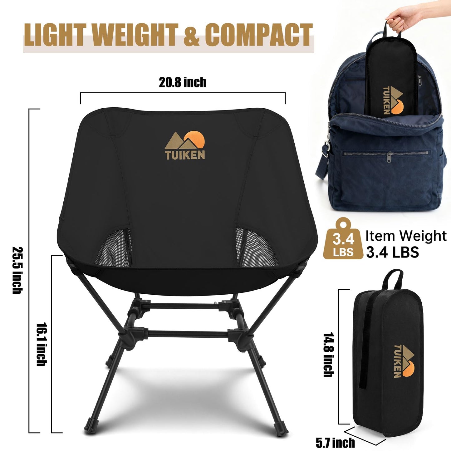 TUIKEN Ultralight Camping Chair Backpacking Chair, Portable Camp Chair with Cup Holder & Storage Bag, Lightweight Compact Folding Chair for Hiking, Travel, Picnic Mountaineering（Deep Black）