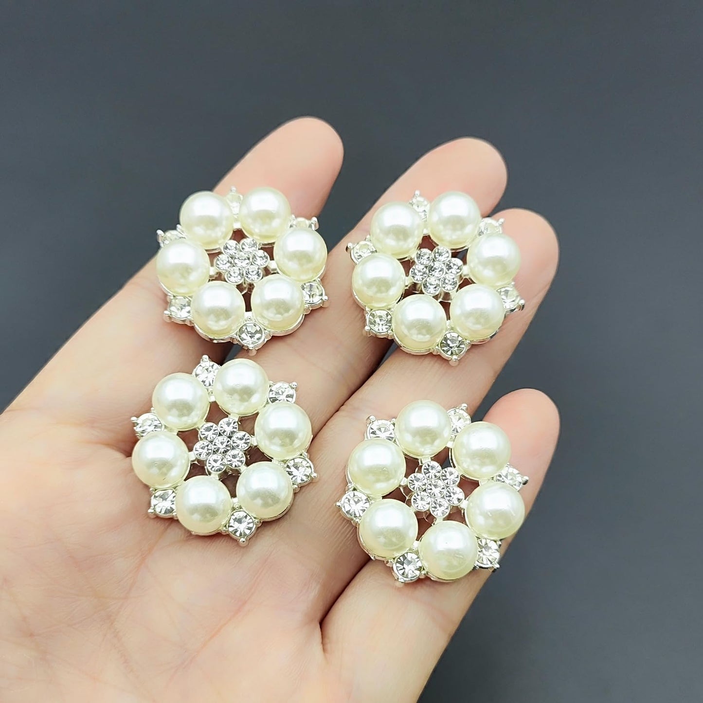 YOOGCORETT 10pcs Pearl Rhinestone Flat Back Embellishments Sew On Buttons Flower Buttons for DIY Craft, Bags Shoes Dress Decoration, 28 x 25mm, Silvery