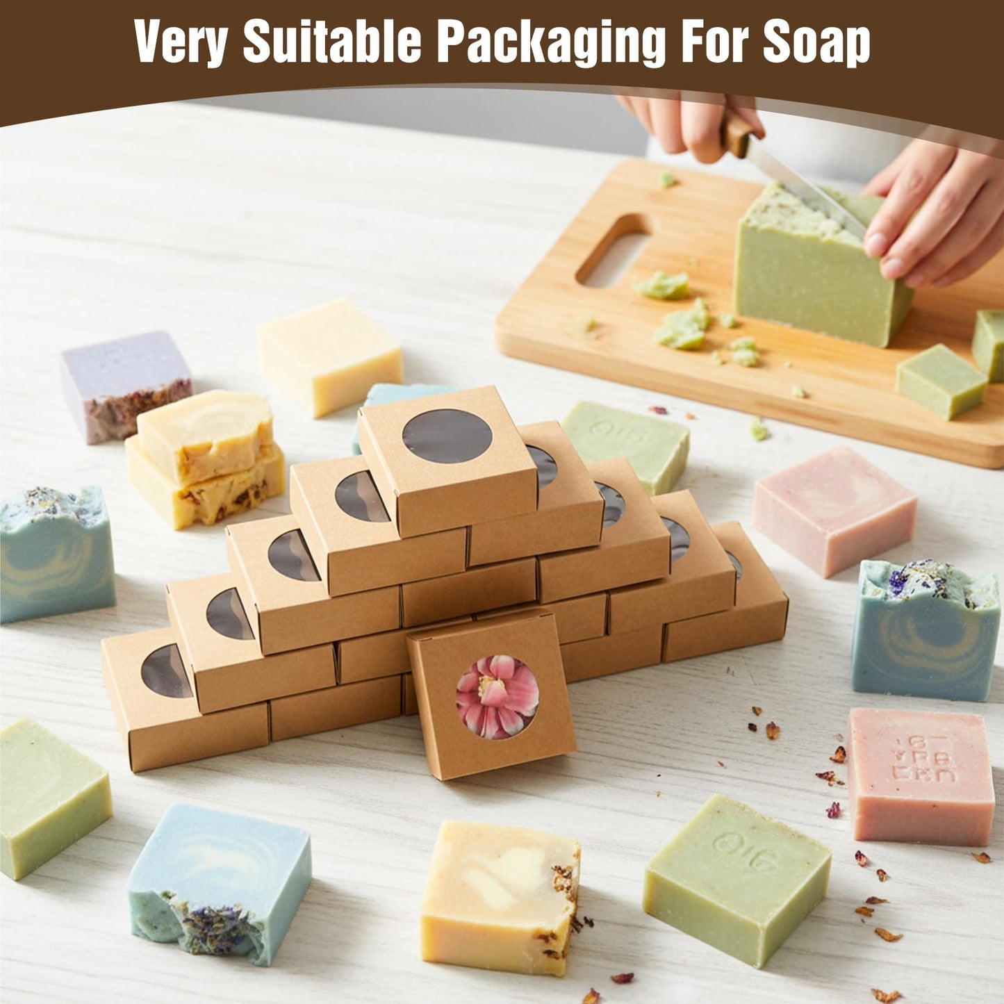Afcabakila 100 Pcs Soap Boxes for Homemade Soap, Bulk Krafts Paper Boxes With Clear Window, 3x3x1.2 Inch Small Square Gift Packaging Boxe For Homemade Soap, Cookies, Candies, Jewelry and Party Favors