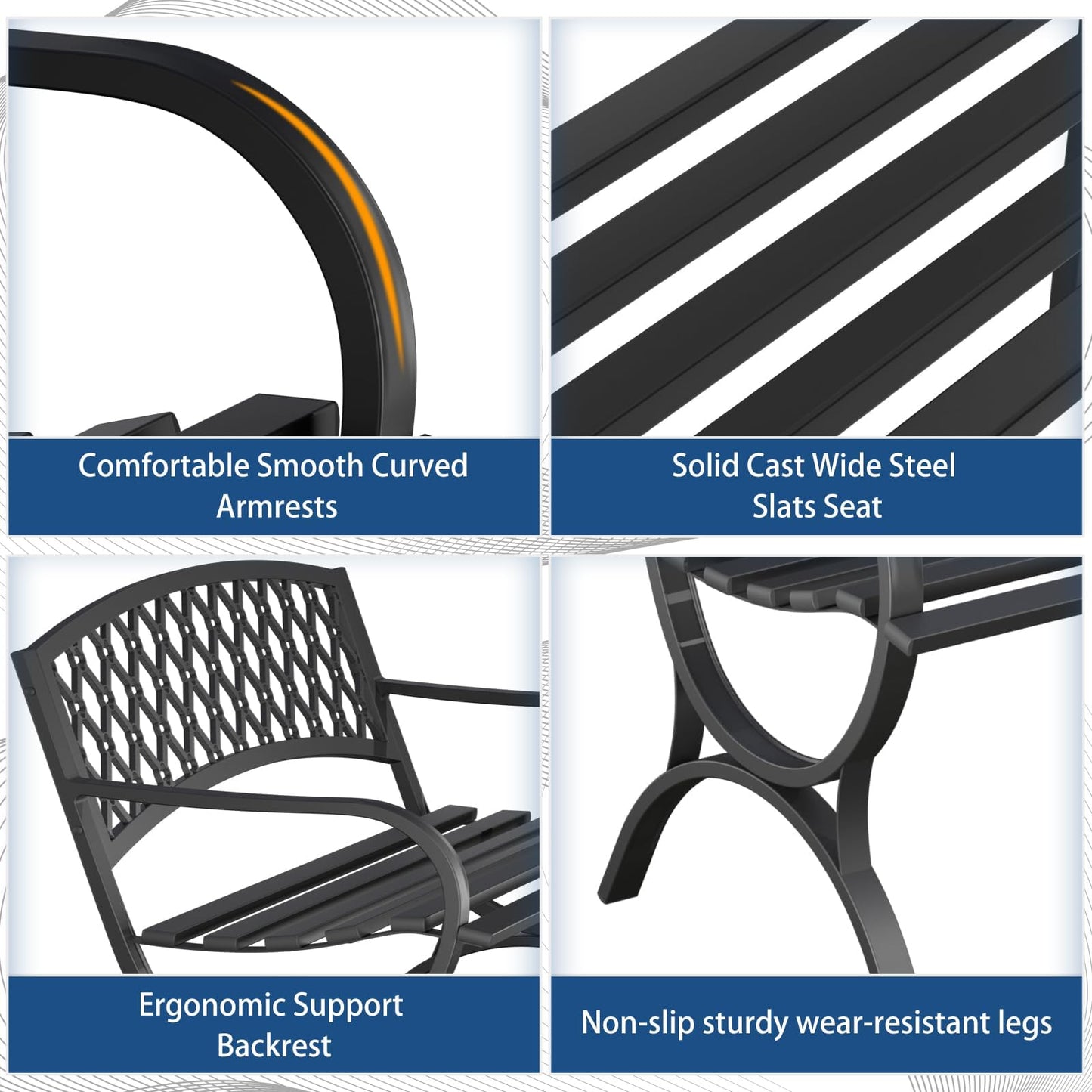 Maemttes Outdoor Bench Garden Benchs, Weatherproof Anti-Rust Heavy-Duty Outside Bench Clearance, Wrought Iron Metal Bench for Front Porch, Patio, Park, Ergonomic Backrest, Slatted Seat