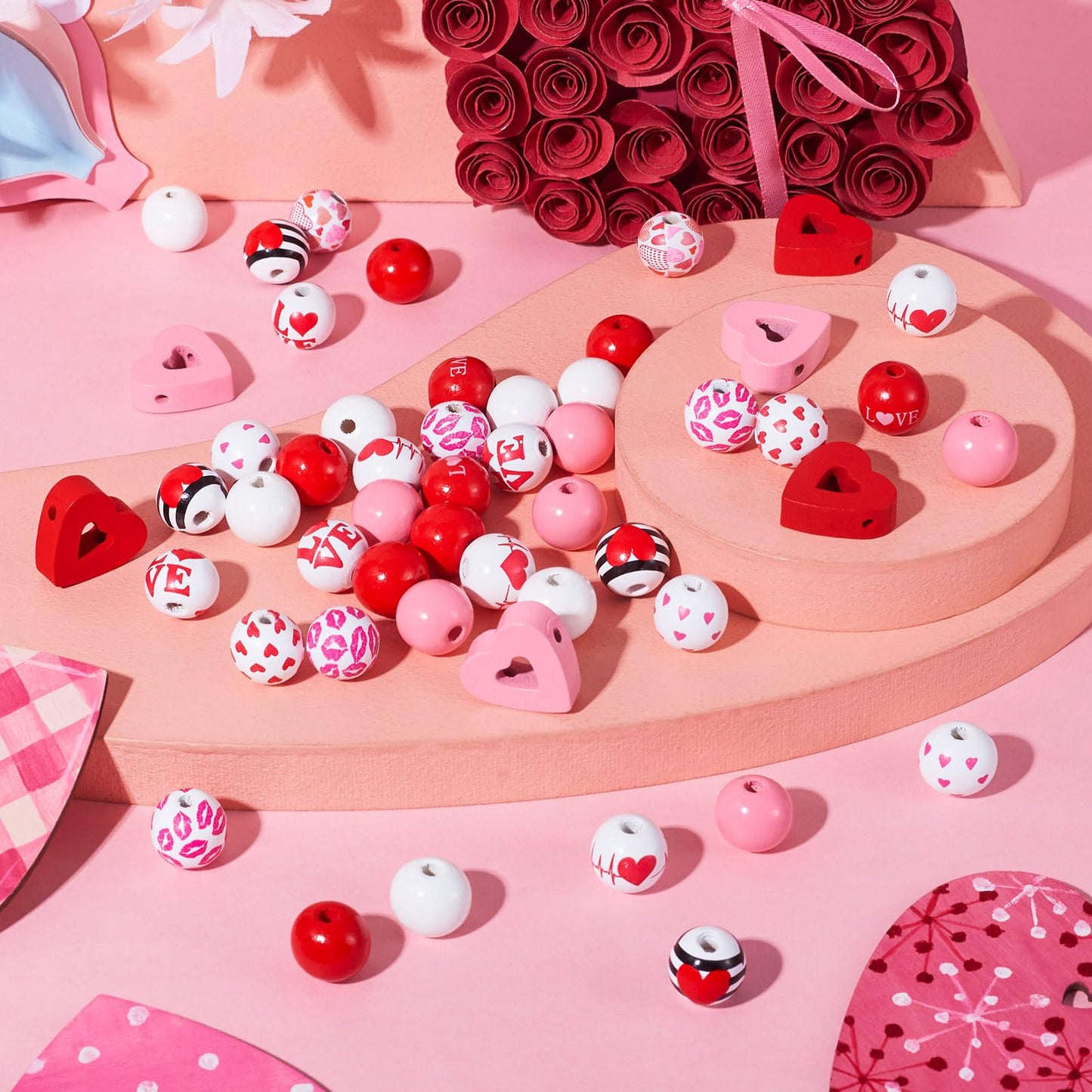 Beadthoven 180pcs Heart Wooden Beads 16 mm Round Wooden Craft Beads DIY Valentine’s Day Beads Natural Loose Spacers Handmade Red Pink Tassel Garland Beads for DIY Crafts Party Jewelry Making Supplies