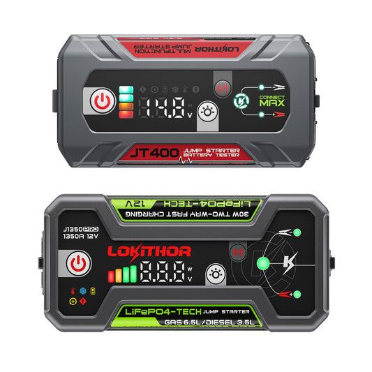 LOKITHOR JT400 2500A Jump Starter with 12V Battery Tester and J1350 PRO LiFePO4 1350 Amp Jump Starter