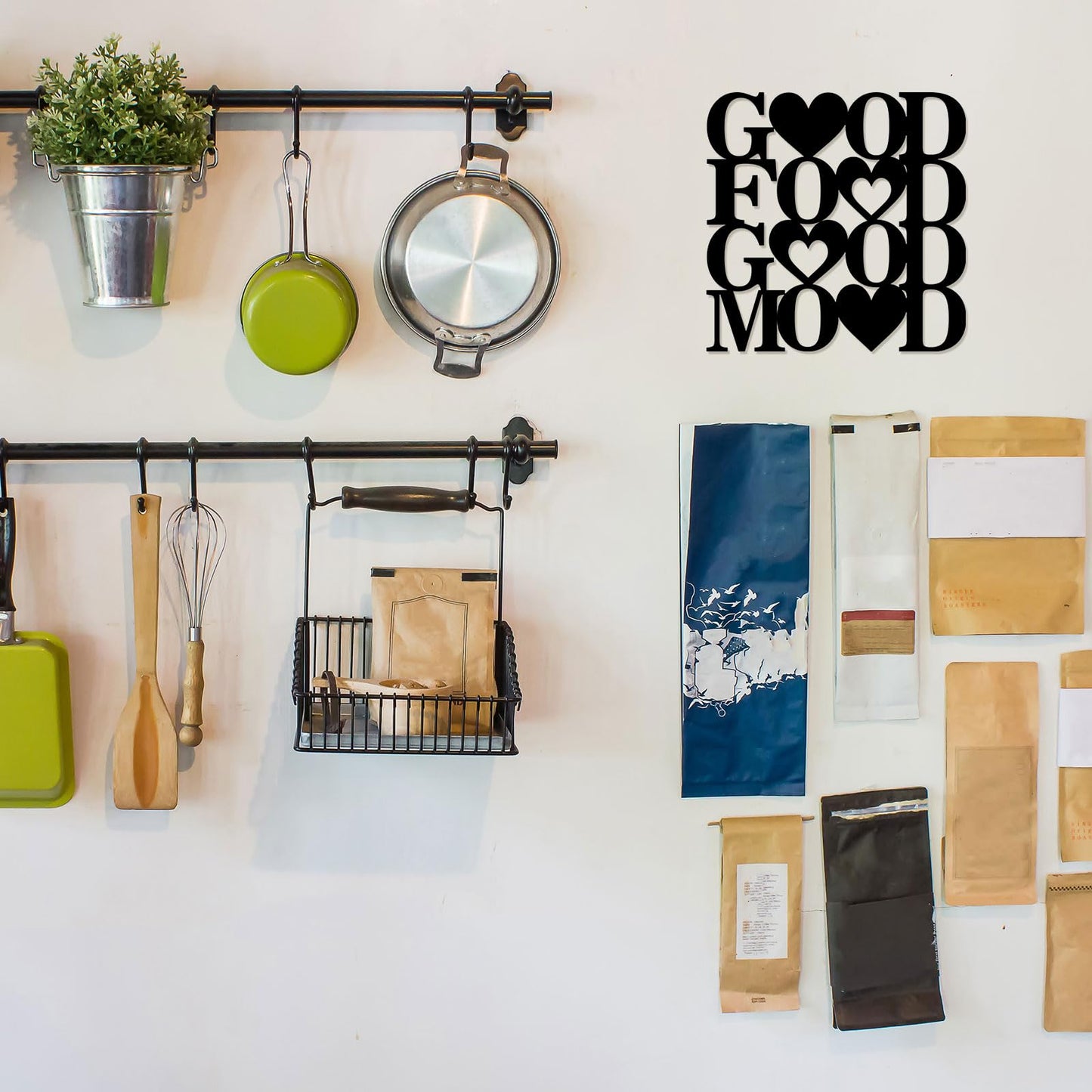 Good Food Good Mood Metal Wall Art Sign, Farmhouse Dining Room Kitchen Wall Decor Housewarming Gift Counter Pantry Sign Black, 11.6x11.6 inches