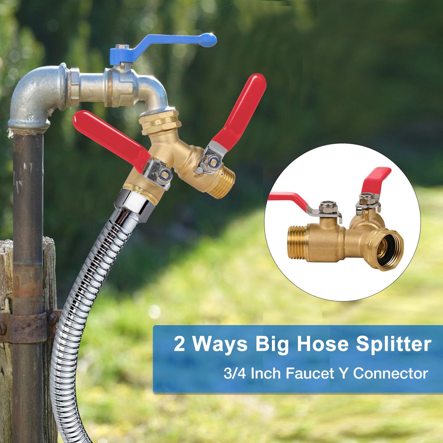 MOLIK Garden Hose Splitter 2-Ways with Long Stainless Steel Handle, Full Flow Hose Splitter Connector Heavy Duty Brass, 3/4" GHT Thread Y Valve, Water Garden Hose Tap Adapter