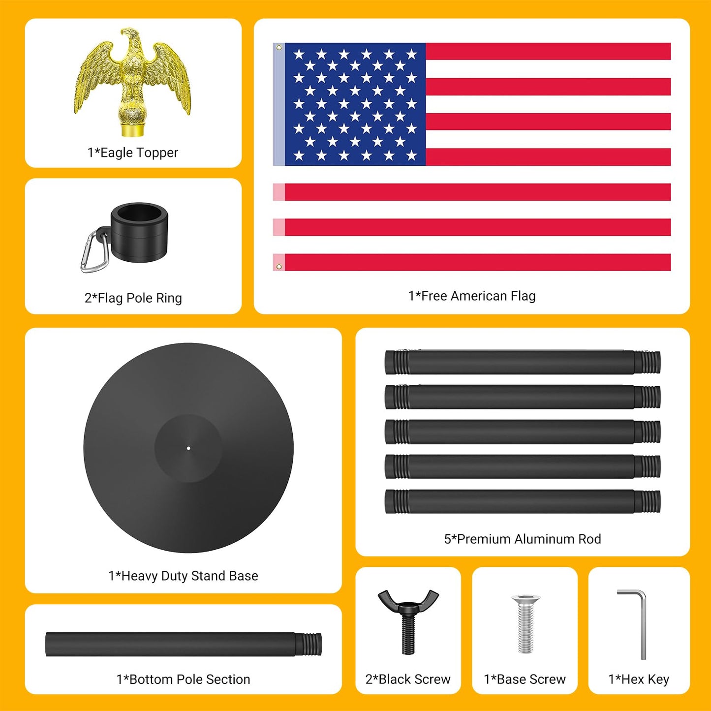 Wphold Indoor Flag Pole and Stand with 3x5 Ft American Flag & Golden Eagle Topper – 8FT Heavy Duty Flagpole Kit with Tangle-Free Rotatable Hooks & Stable Round Base for Office, Classroom, Home Decor