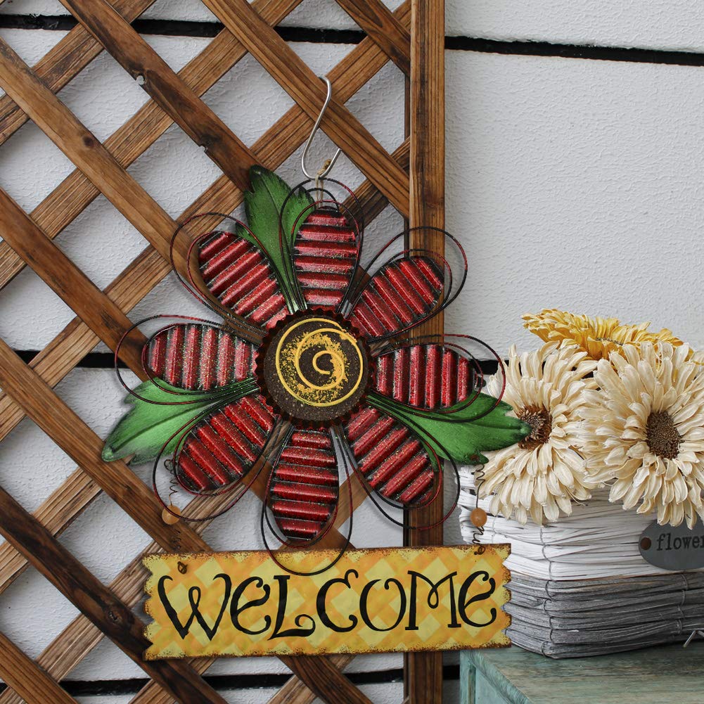 Metal Welcome Sign for Front Door - Decorative Flower Hanging Plaque Spring Wreaths Wall Art - Farmhouse Patio Garden Outdoor Decorations (Red, B)