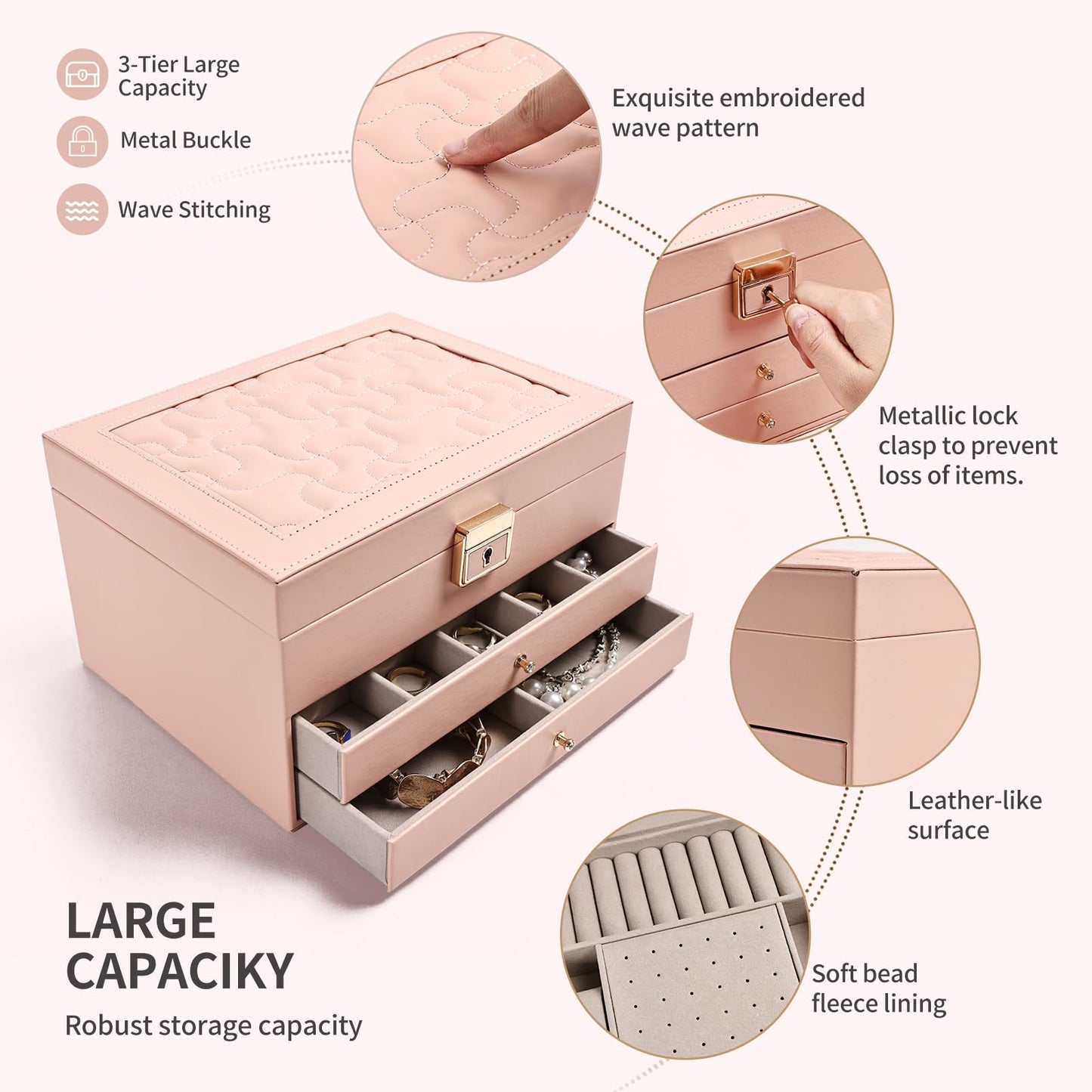 Greenfeather Jewelry Boxes for Women, Jewelry Organizer Box with Lid 3 Layers for Necklaces Rings Earrings and Bracelets Box to Store Jewelry Pink Ideal