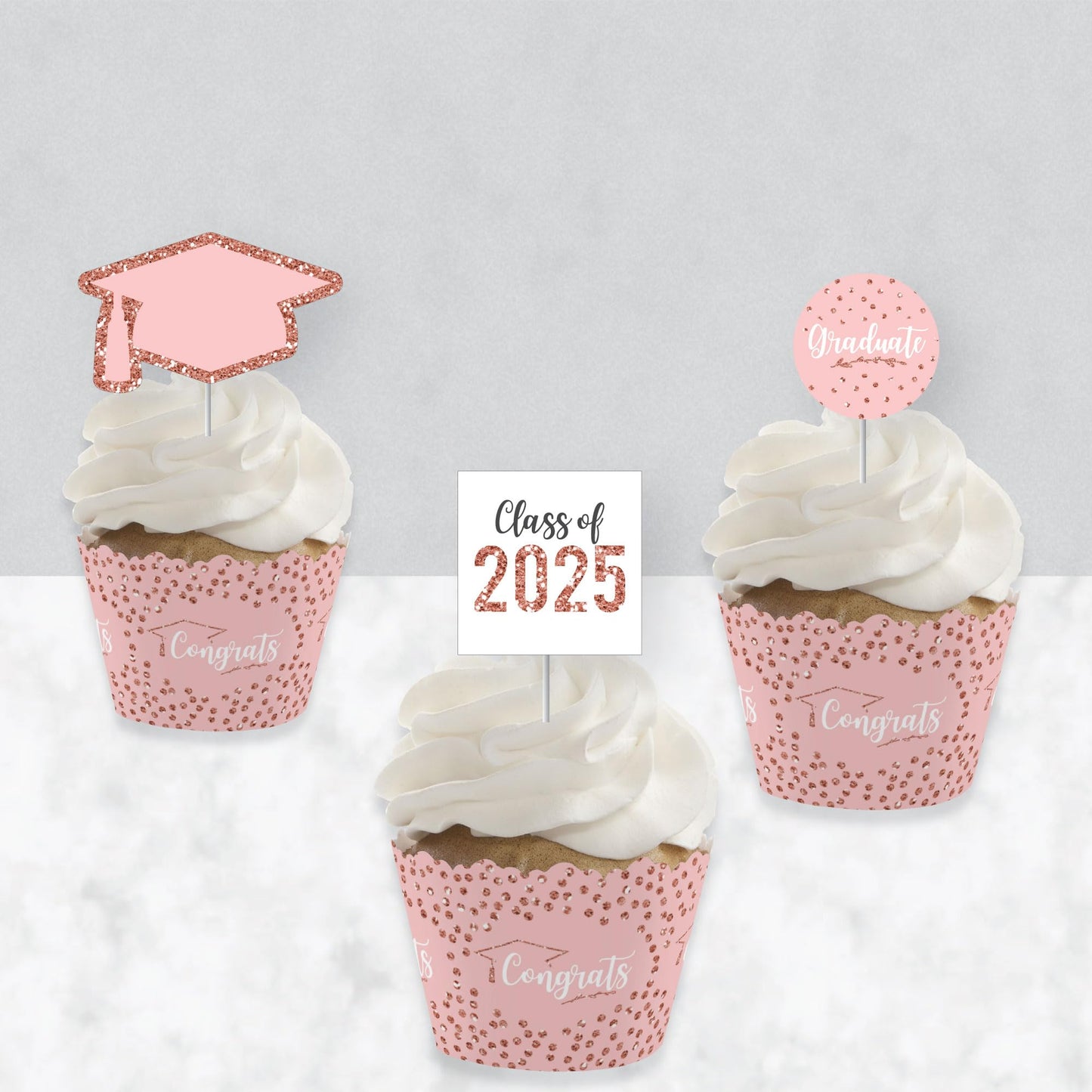 Big Dot of Happiness Rose Gold Grad - Cupcake Decoration - 2026 Graduation Party Cupcake Wrappers and Treat Picks Kit - Set of 24