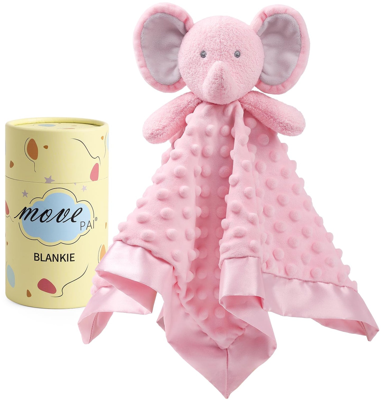 MOVEPAI Baby Security Blanket, Soft Baby Lovey Toy Blanket for Girls, Snuggle Toy Lovie Newborn Gift, Stuffed Animals Pink Elephant 16 Inch