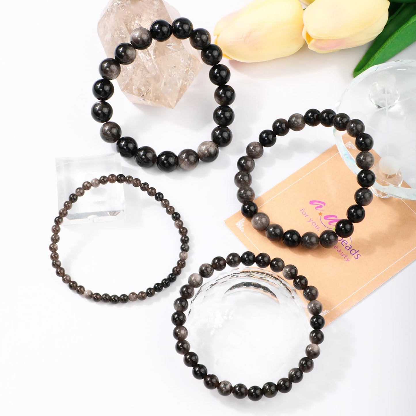 AD Beads 6mm Handmade Silver Obsidian Elastic Bracelet – Natural Gemstone for Protection – Meditation, Yoga, Healing and Energy Gift for Men Women