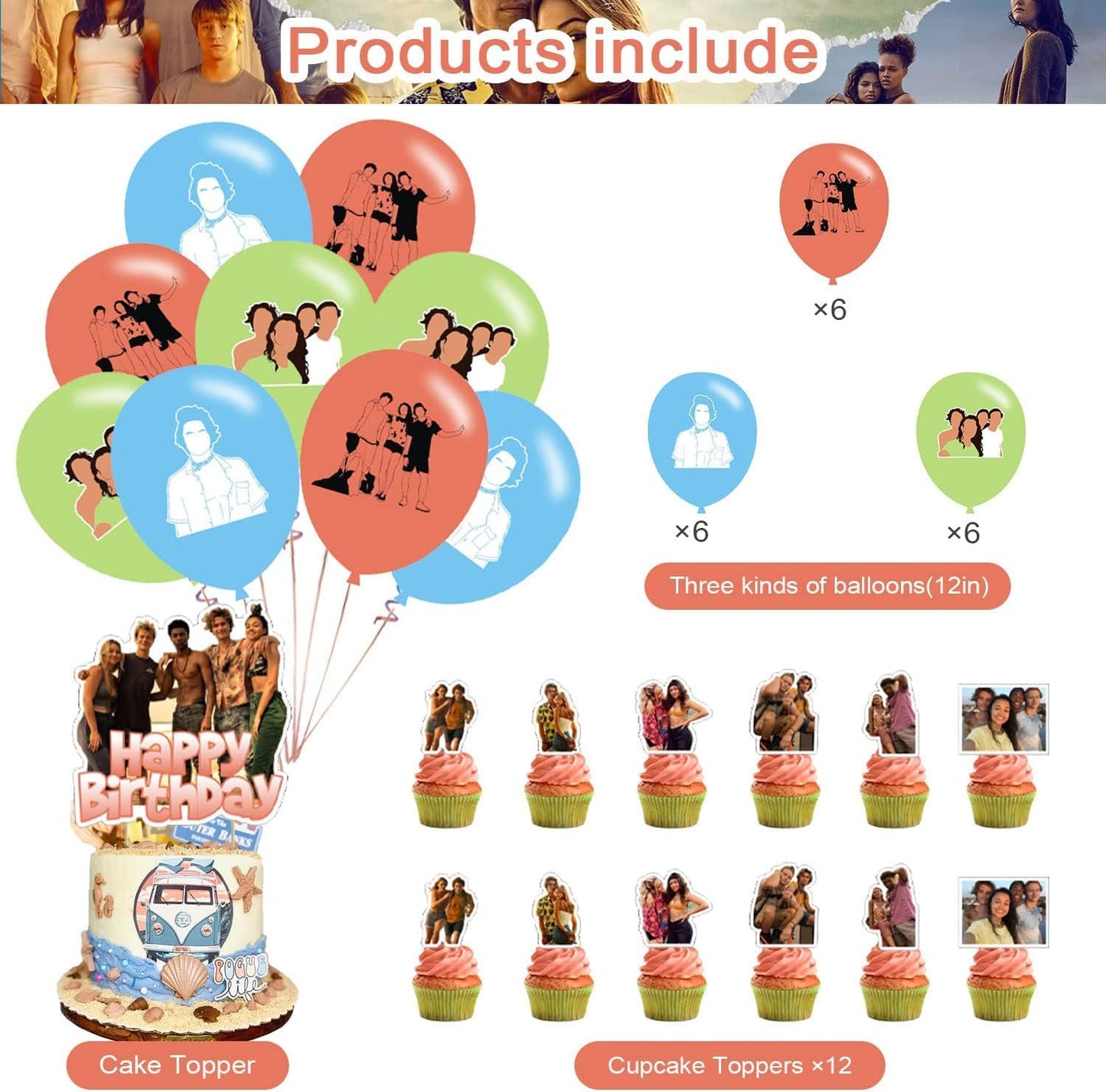 Birthday Party Supplies,Outer Balloons Decorations for Banks Party Happy Birthday Balloons, Cupcake Toppers, Cake Toppers