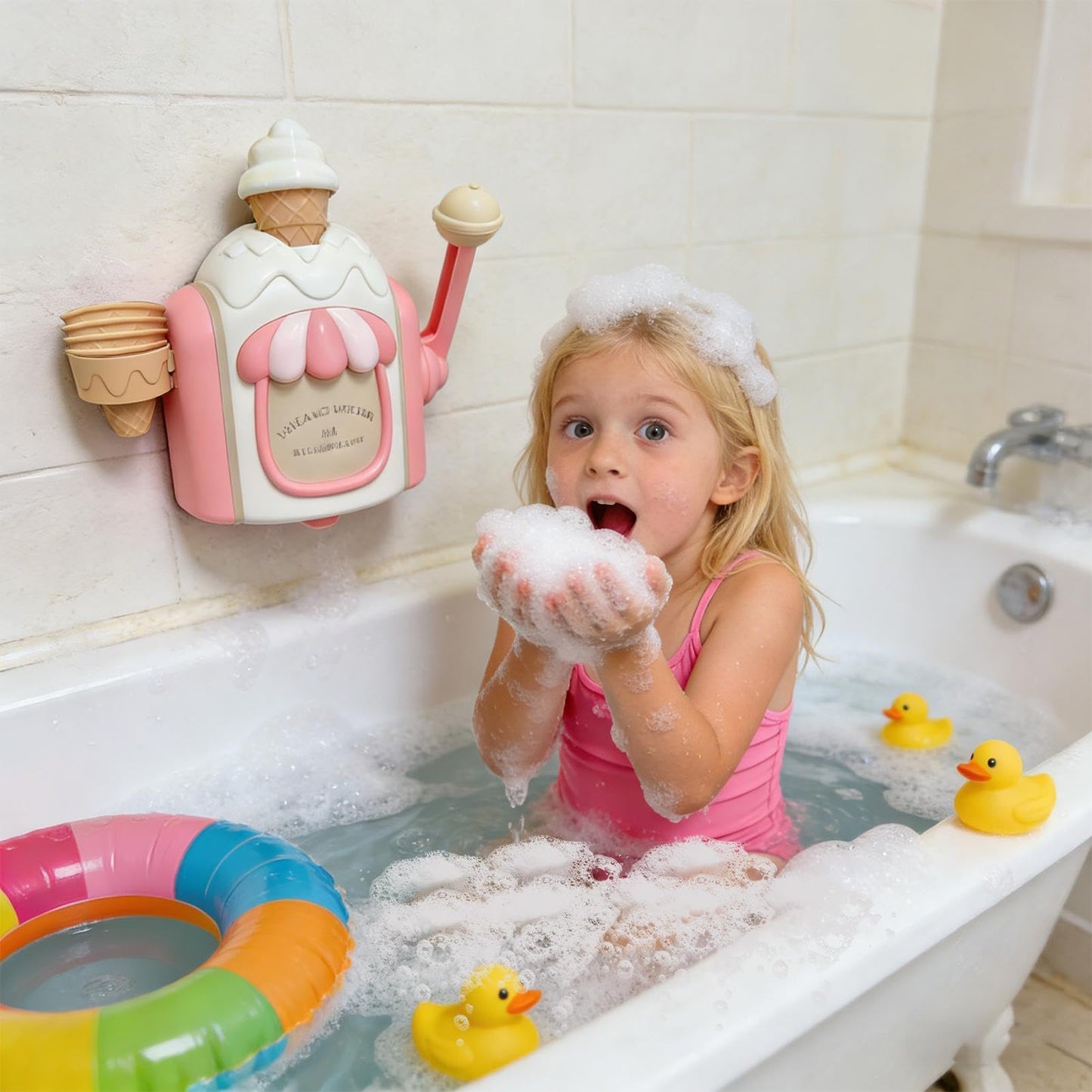 Ice Cream Foam Bath Bubble Maker, Educational Ice Cream Bath Toy, Fun Baths Bubble Maker with Suction Cup, for Boys Girls Pool Home Indoor Playtime