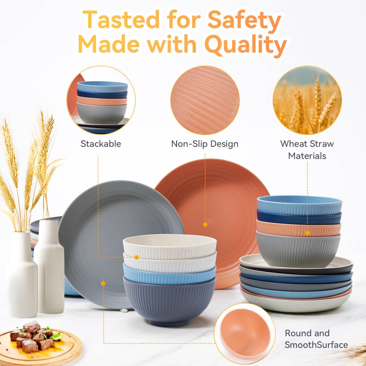 Wheat Straw Dinnerware Sets,64-Piece Black Plates and Bowls Sets for 8-Unbreakable,Reusable Plastic Dish Set-Dinner Plate/Dessert Plate/Cereal Bowl/Cup/Utensils-Microwavable Dishwasher Safe 64P-BLACK