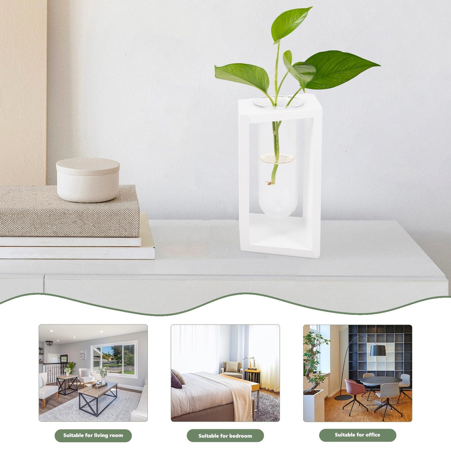 GALPADA Wooden Frame Test Tube Glass Vase for Small Terrarium Plants, Hydroponic Propagation Station with White Holder, Glass Desk Planter for Indoor Plant Cuttings and Home Décor