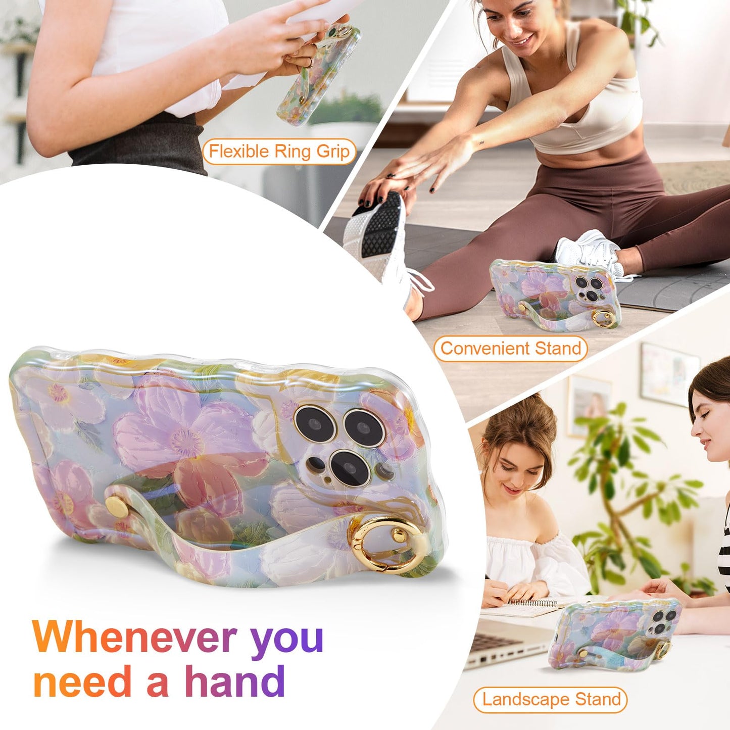 EYZUTAK Case with Hand Strap for iPhone 15 Pro, Colorful Oil Painting Flower Case with Wristband Kickstand Laser Curly Wave Edge Stylish Durable TPU Protective Cover for Women - Green