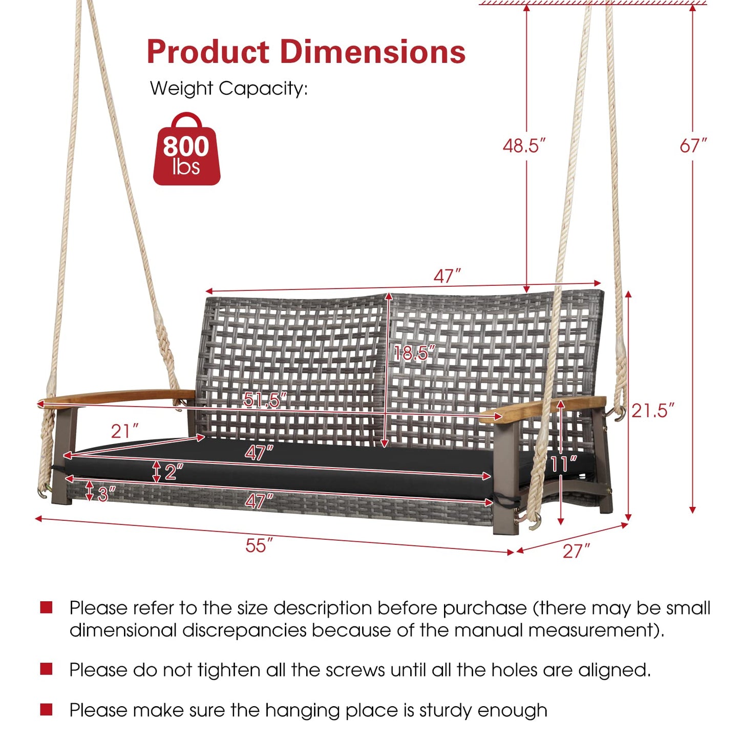 Tangkula 2-Person Outdoor Porch Swing with 118" Hanging Ropes, Patiojoy PE Wicker Patio Hanging Swing Bench with Soft Seat Cushion & 800 Lbs Weight Capacity, Suitable for Patio, Garden (Black)