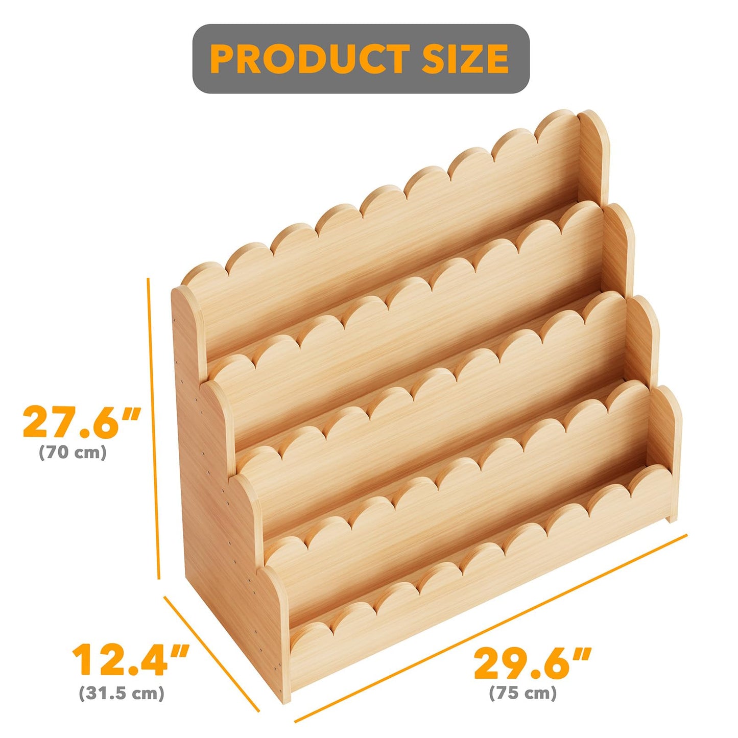 SpaceAid 4-Tier Scalloped Bookshelf, Montessori Bookcase for Toddlers, Wooden Book Shelf Organizer Display Furniture for Kids Rooms, Playroom, Nursery and Classroom, 29.6“ Wide, Natural