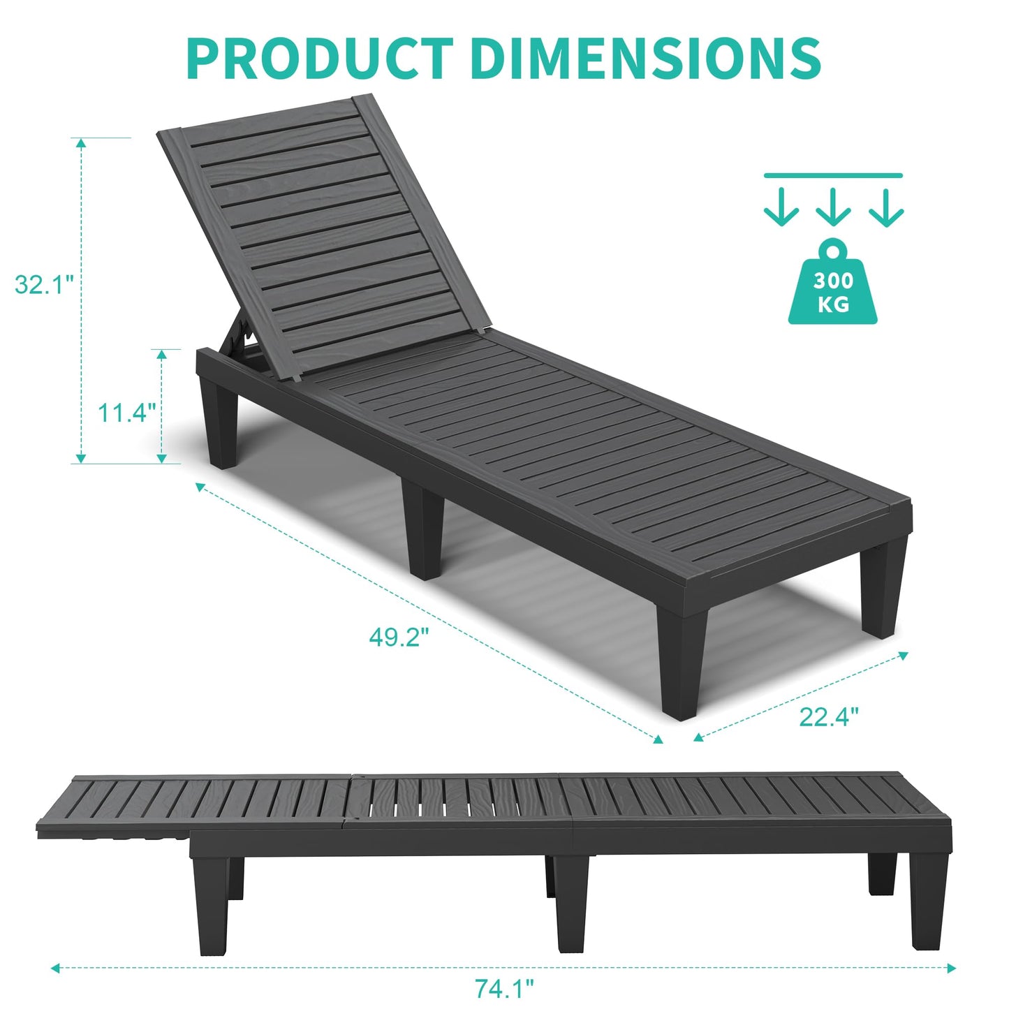 NUNU LAB Outdoor Chaise Lounges Set of 2, 5-Position Adjustable Patio Recliners with All-Weather Resin, Sun Loungers for Deck, Garden, Beach, Pool Sunbathing (Black Wood Grain, Set of 2)
