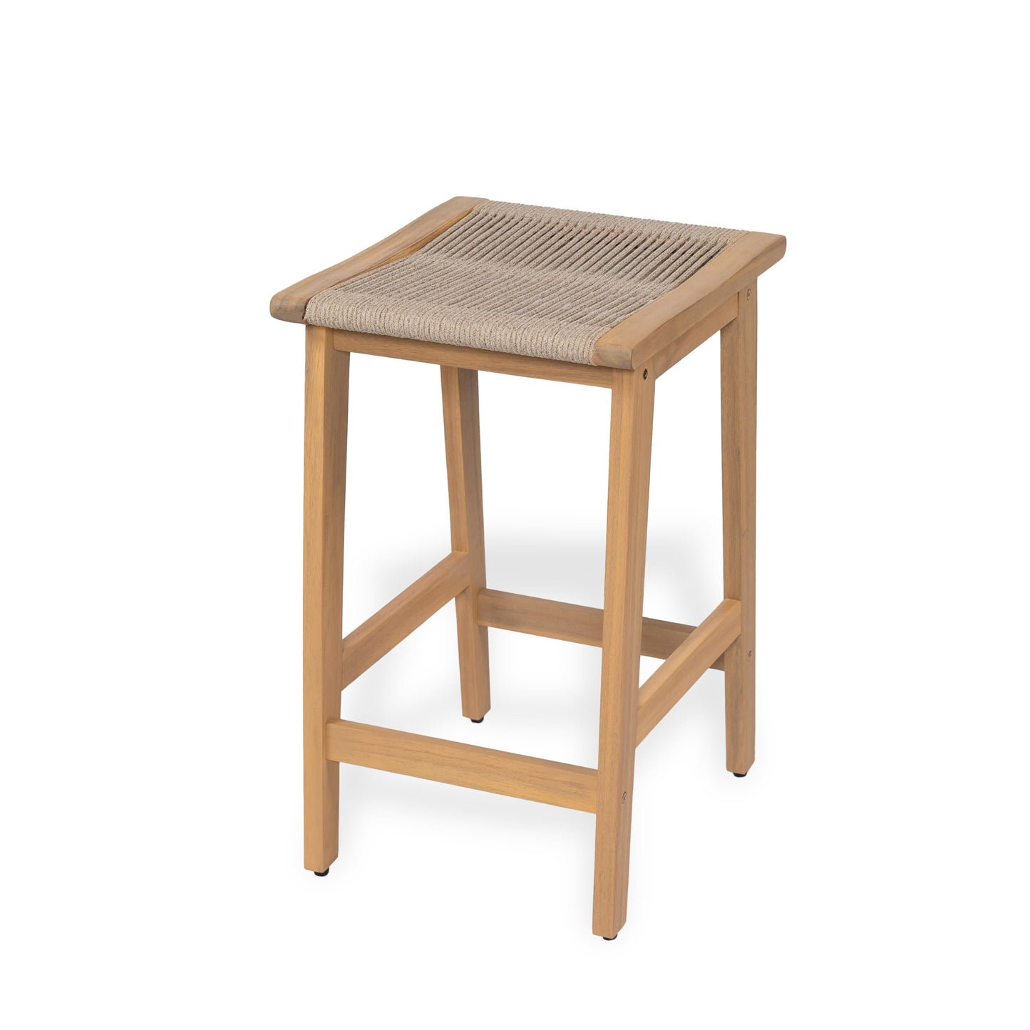 Christopher Knight Home Lily Set of 2 Patio Barstool, Acacia Wood & Woven Rope Outdoor Counter Stool with Footrest, Backless Wooden Barstool Chairs for Backyard Balcony Garden, Beige + Teak
