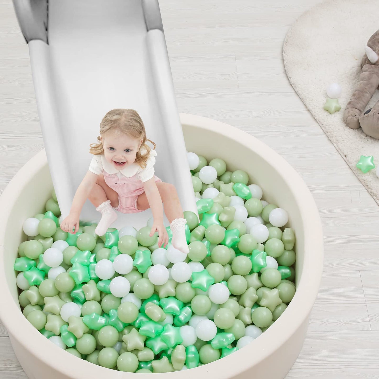 TRENDPLAY Star Ball Pit Balls for Toddlers - 100 Count Star Balls Different Shapes, Non-Toxic Plastic Balls for Boys Girls Festival Party Decoration, Pearl Green+Macaron Green