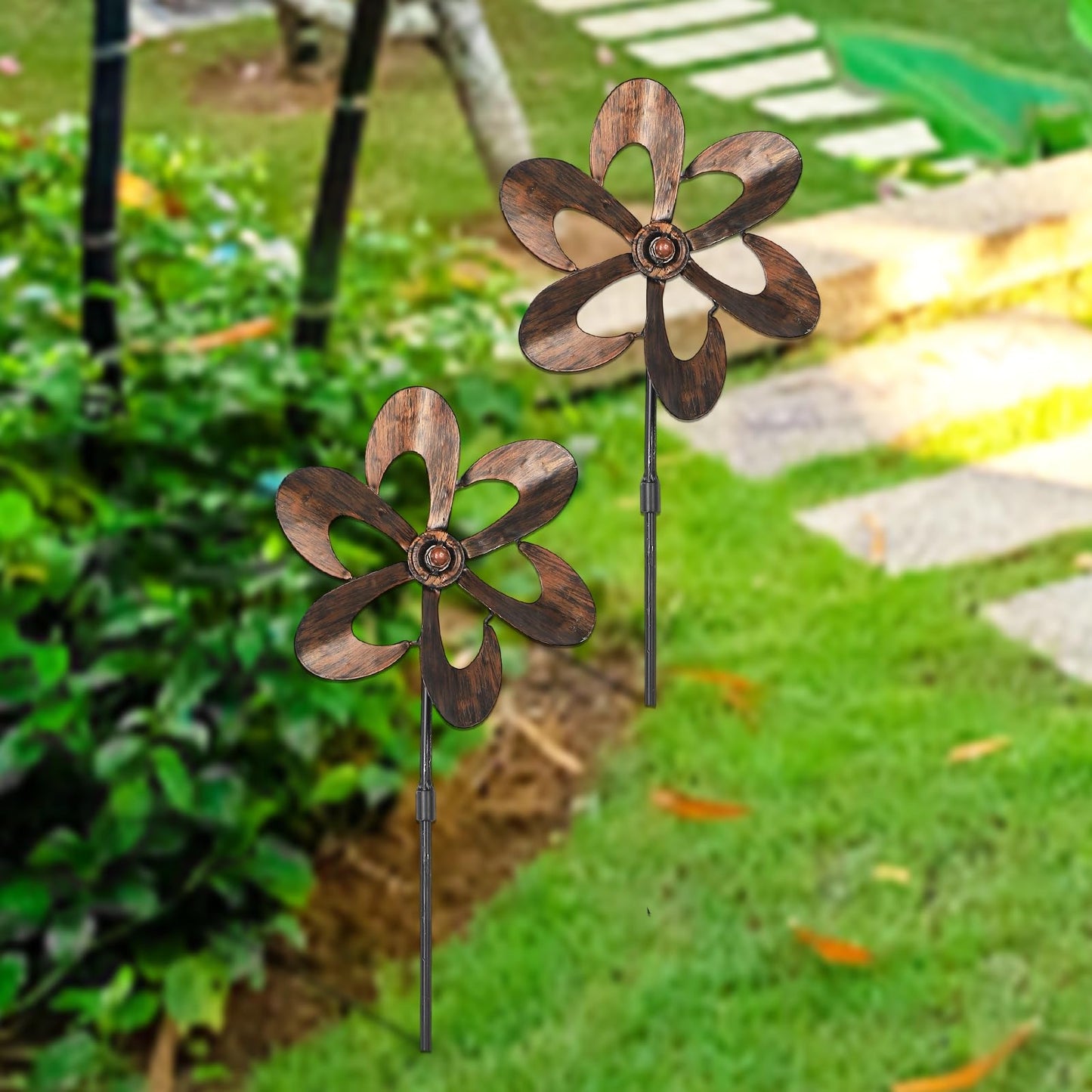 Aoutrow 3 Pack Wind Spinners with Metal Stake, 16.3 Inches Outdoor Wind Catcher Garden Sculptures Bronze Metal Windmill for Spring Garden Yard Lawn Patio Decoration