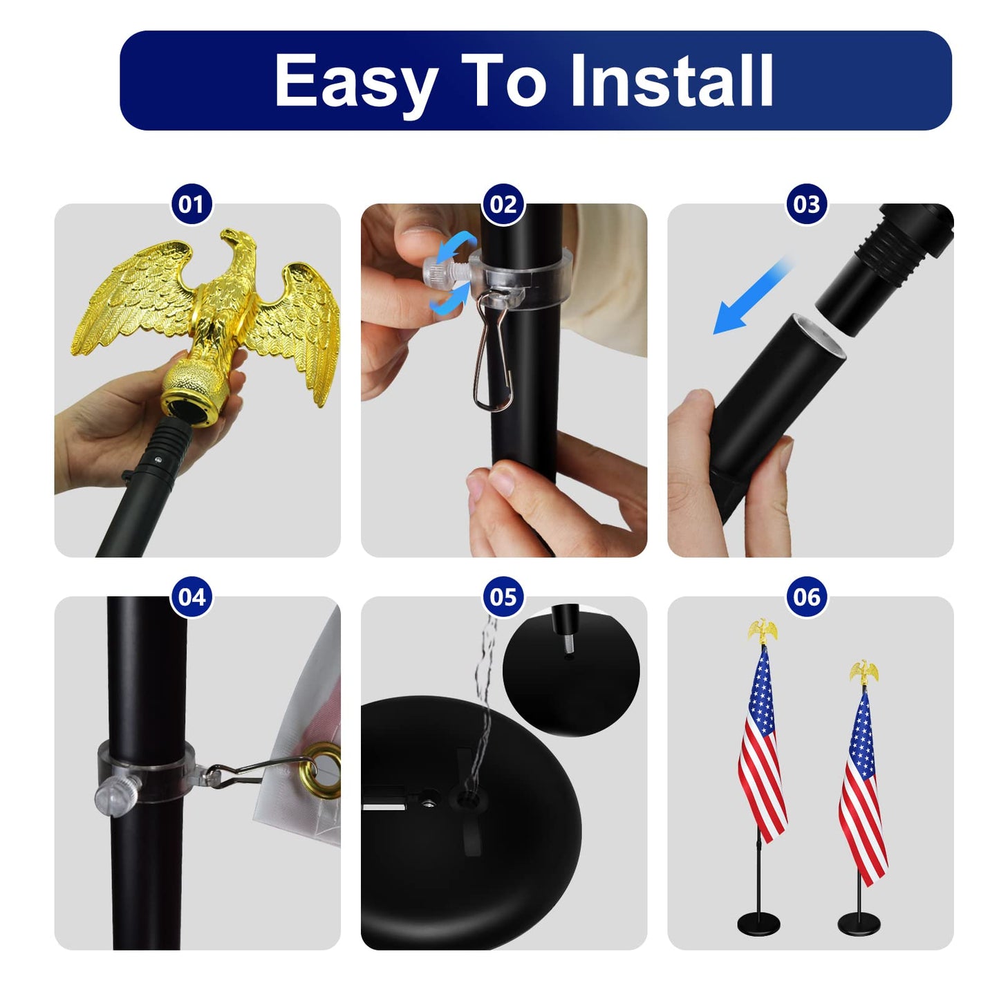 SENZHIYI Indoor Flag Pole Kit with Base and Eagle Topper 6ft-8ft,Aluminum Telescoping Flagpole Indoor for Office,School,City Hall Heavy Duty Indoor Flag Pole and Stand