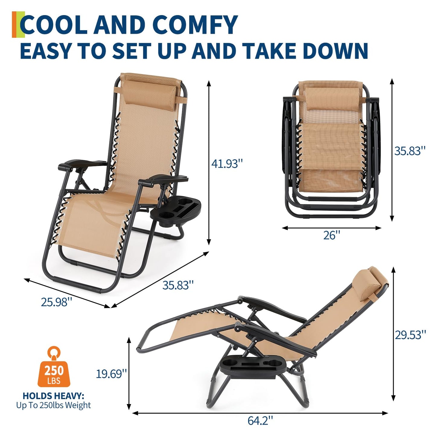 Patio Lounge Chairs Set of 2, Outdoor Recliner with Side Tray & Headrest - Heavy Duty Steel Mesh Folding Chairs, Adjustable Portable Camping Lawn Chairs for Poolside, Beach, Backyard, Deck