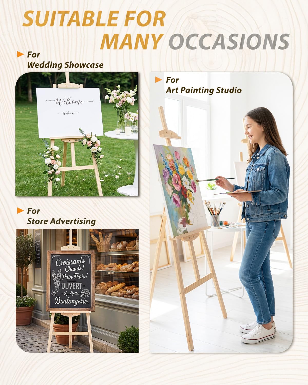 Foldable & Adjustable Art Easel Stand, Wooden Easel Art Easel for Painting Adult Artist Easel Stand for Painting Easle Floor Standing,Wood Easel Stand for Display Canvas Home Studio Classroom,Natural