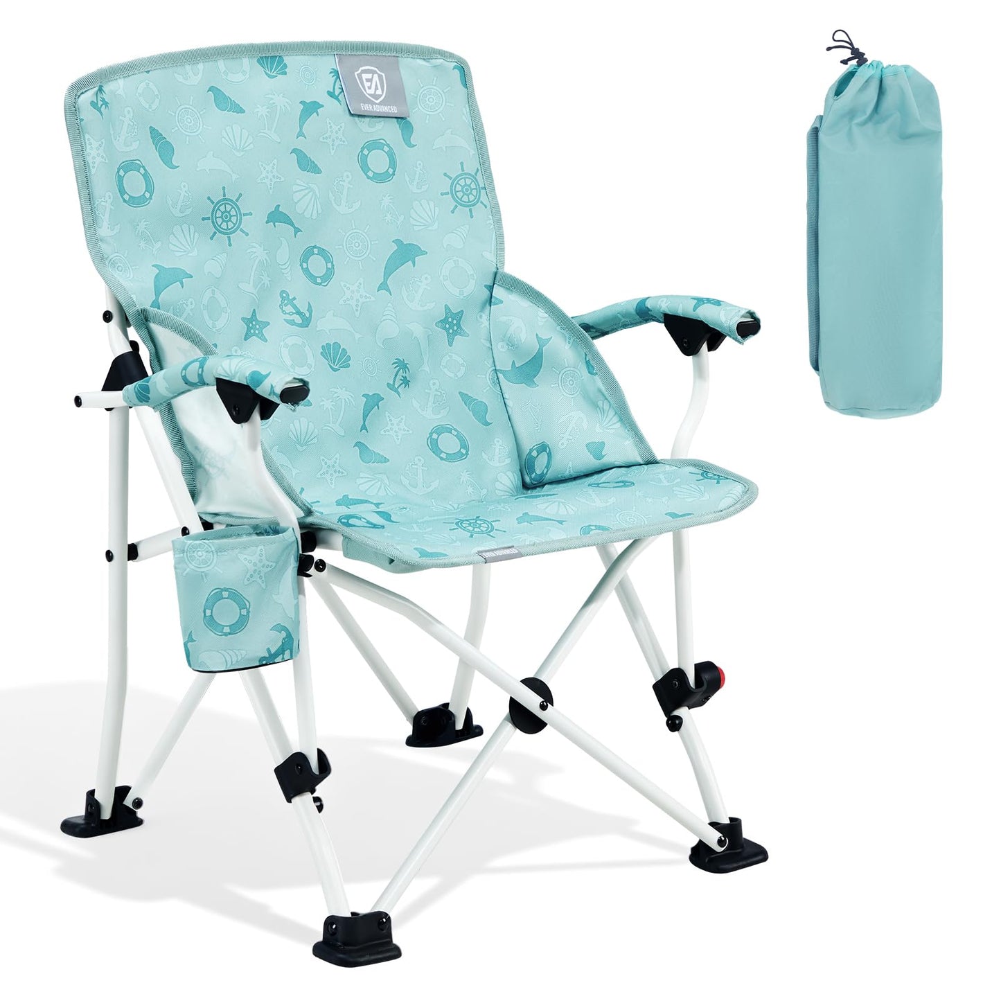 EVER ADVANCED Kids Camping Chairs with Cup Holder, Padded Folding Camping Chair Outdoor with Safety Lock, Carry Bag, Lightweight Portable Camp Chairs for Beach, Balcony, Patio, Supports 150lbs, Green