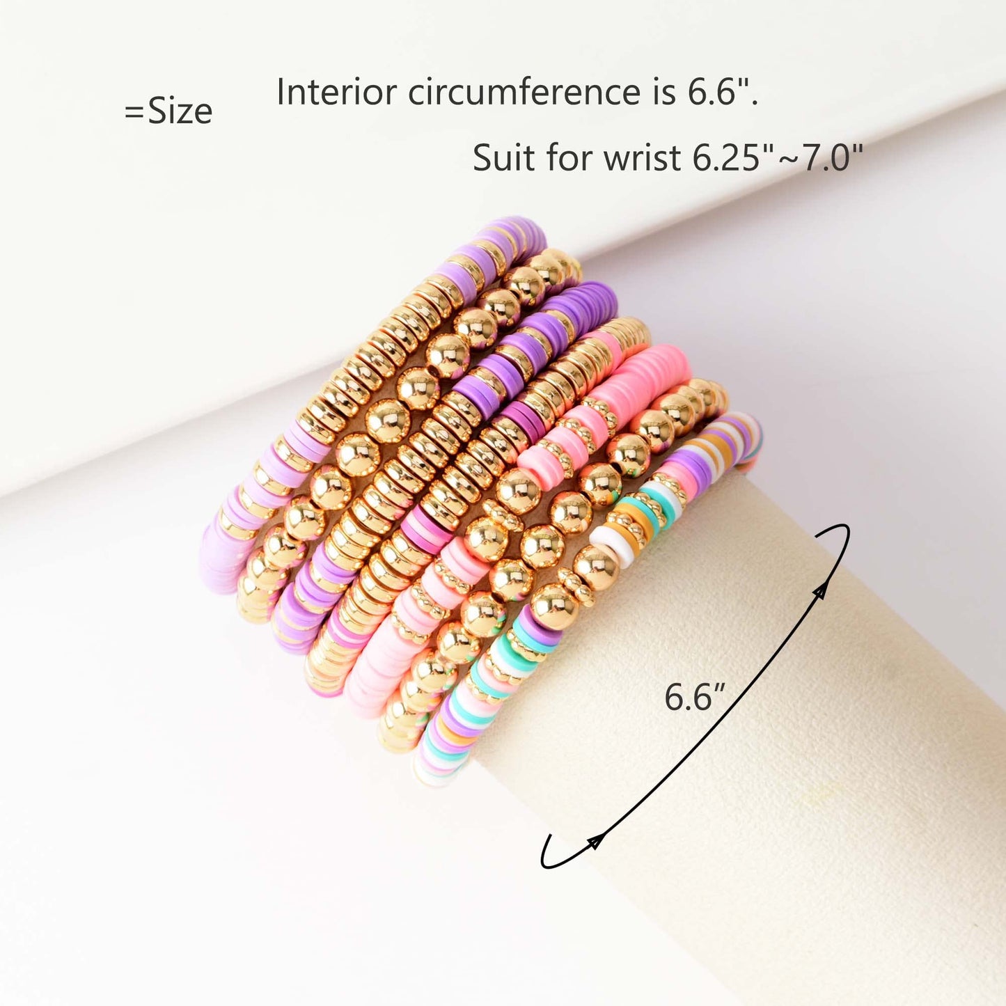 GOOJIDS Surfer Heishi Clay Bead Bracelets for Women Bohemian Stackable Gold Beaded Stretch Bracelets Elastic Layering Friendship Bracelets Set Boho Jewelry (G2-Purple&Pink 7pcs)