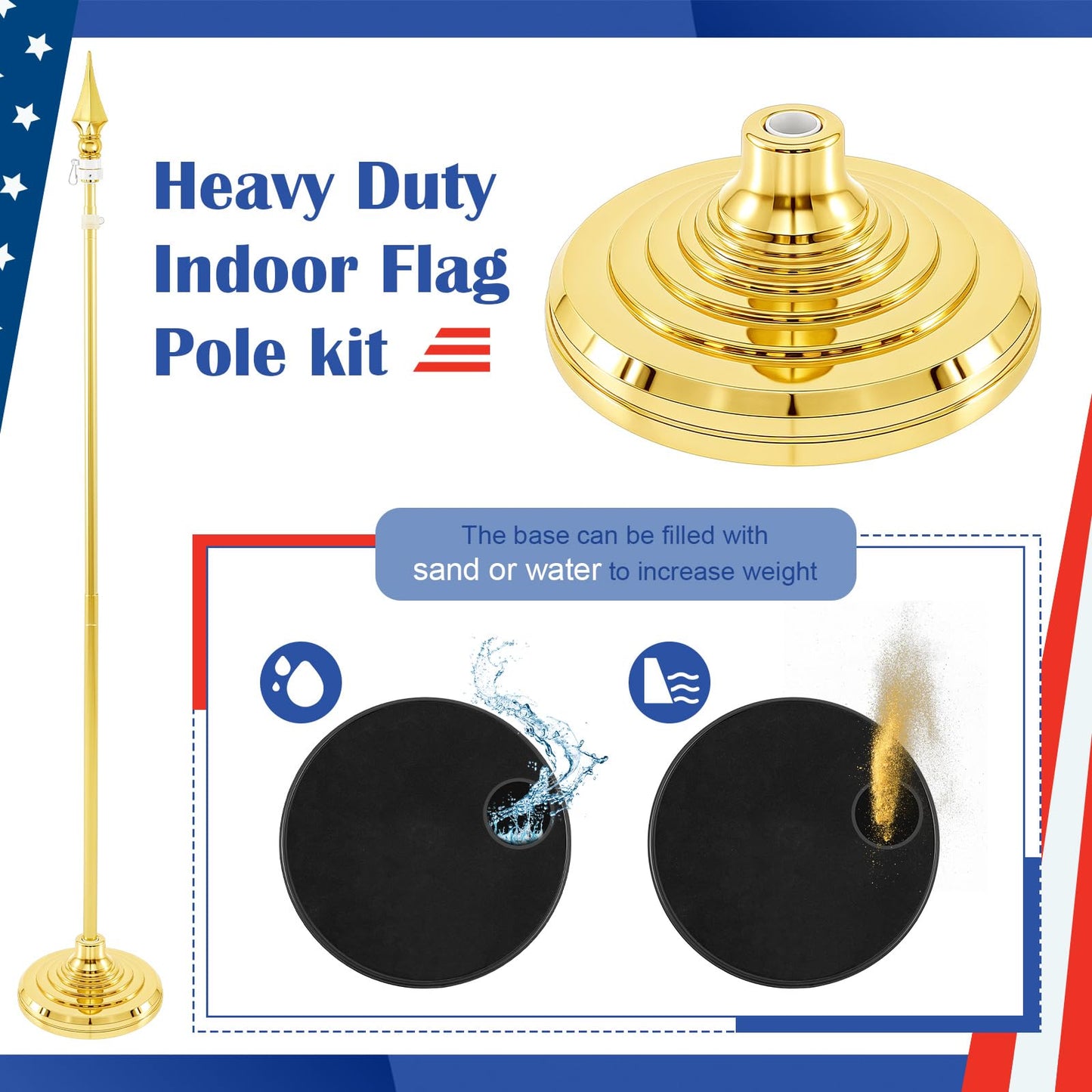 Moxweyeni Indoor Flag Pole Kit Telescoping 8 ft Flag Pole with Base Heavy Duty Aluminum Gold Flagpole and Stand for Office School City Hall, No Ensign Included