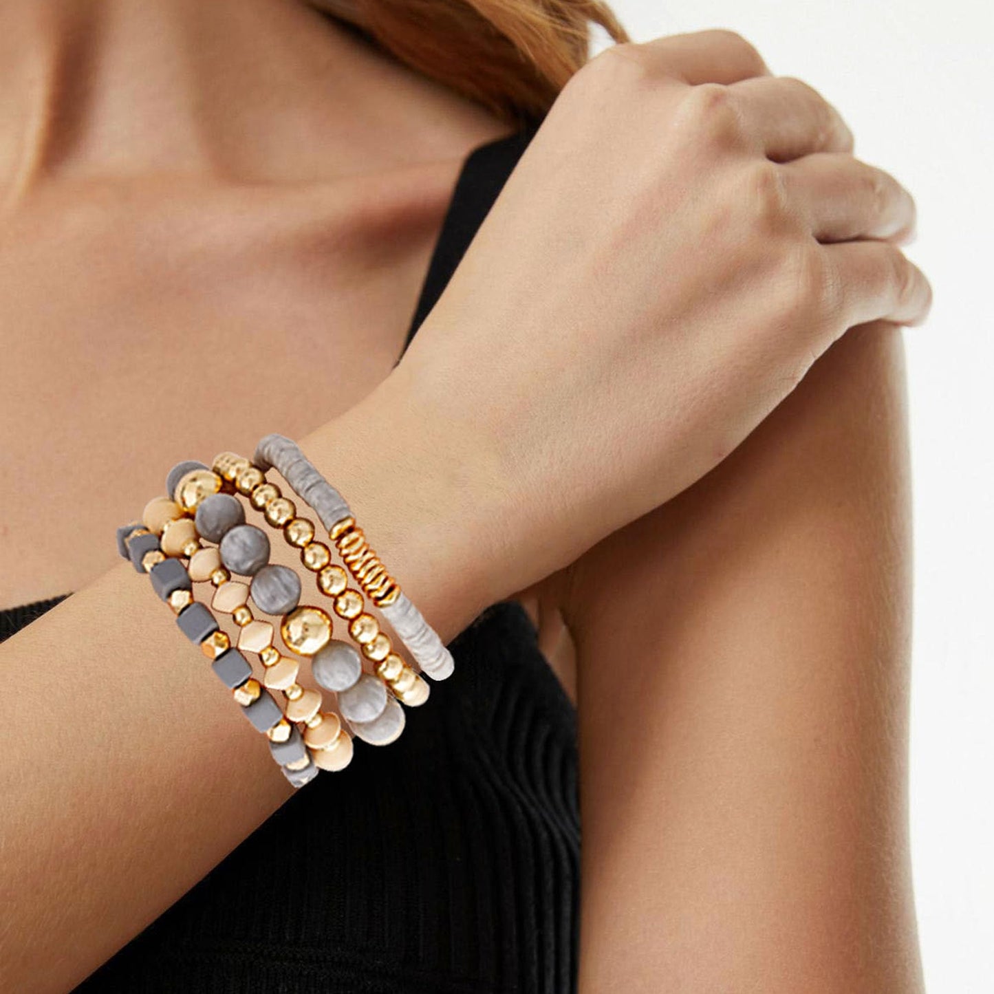 Aigrnc Boho Beaded Stretch Bracelets For Women Stackable Crystal Gold Plated Beaded Bracelets Set Trendy Handmade Friendship Braeclet Jewelry Gifts(F-Wooden bead set)