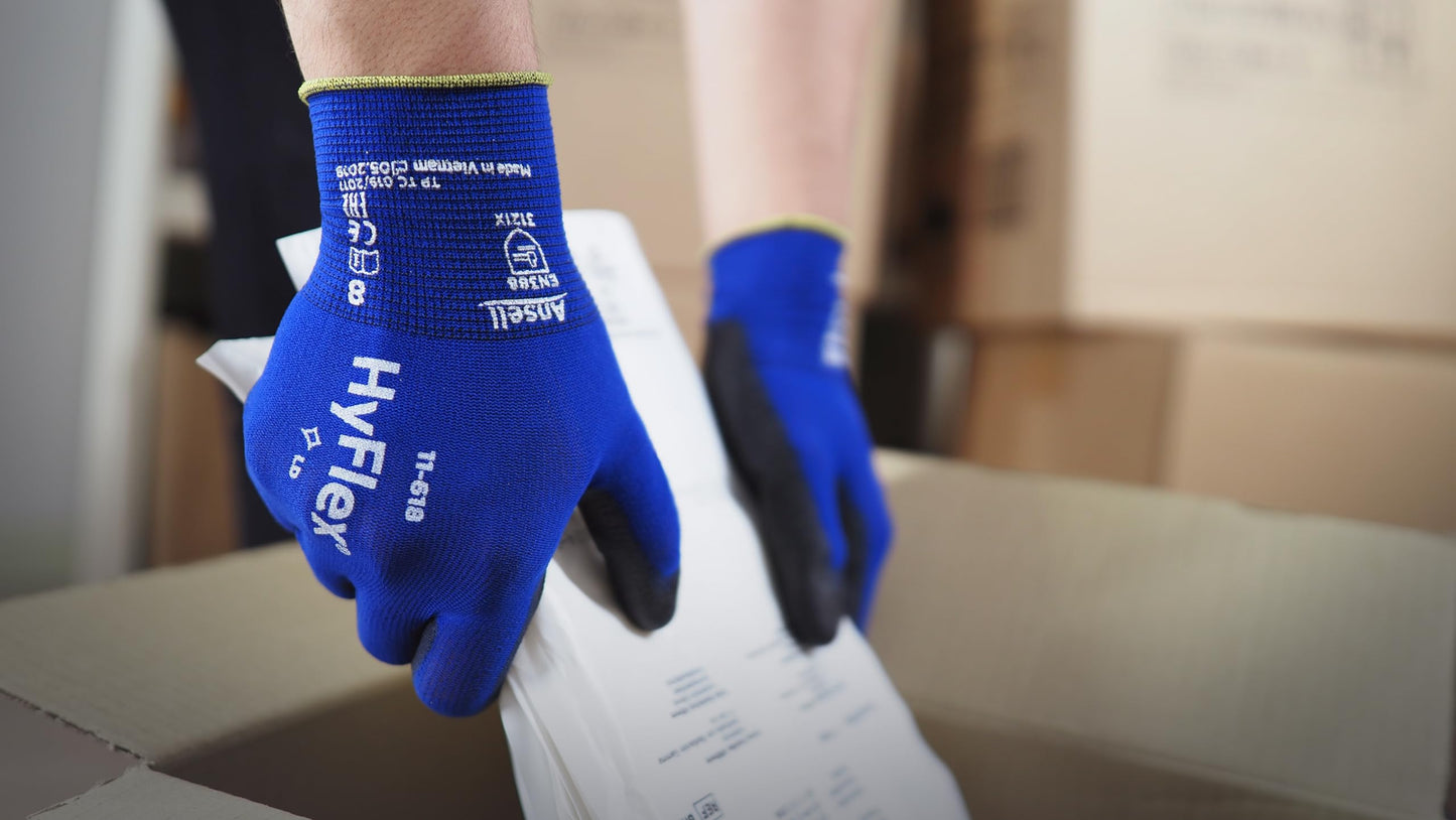 Ansell HyFlex 11-618 Ultra-Thin Industrial Safety Work Gloves for Auto, Machinery, Equipment, Fabrication - Size 9, Blue/Black (Pack of 12)