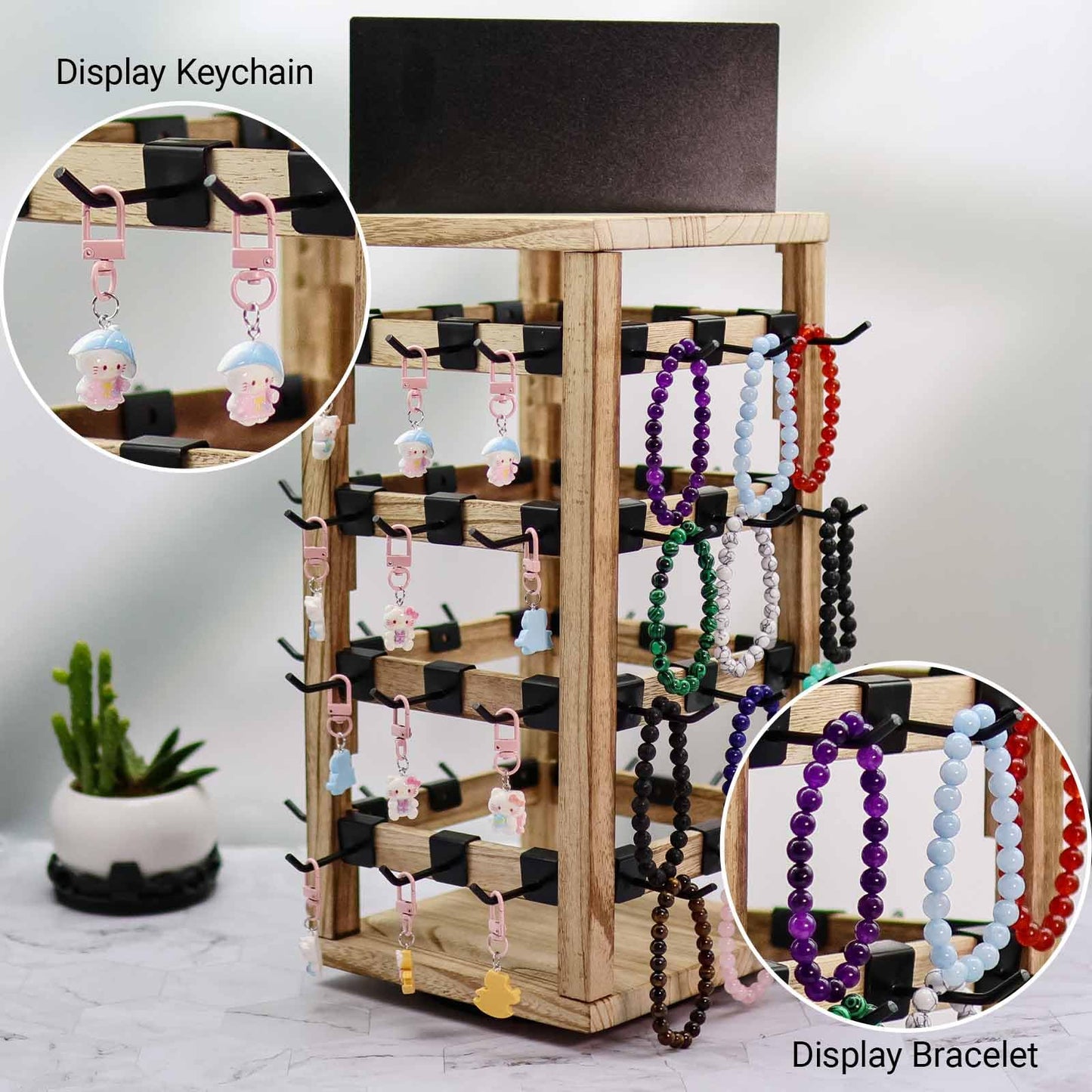 Jewack Wooden rotating Jewelry Display Stand with Removable 48 Hooks advertising board, For Earring Cards necklace bracelet Keychain Jewelry Organizer For Selling For vendor events (brown)