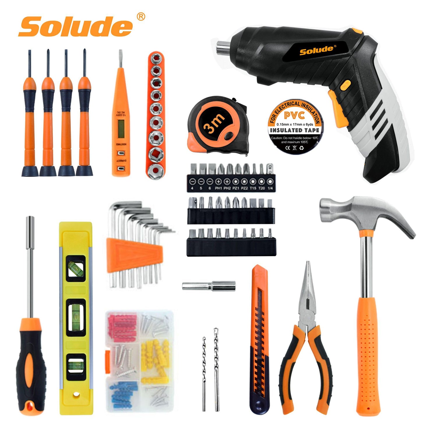 SOLUDE 130-Piece Home Tool Kit with 3.6V Electric Screwdriver,Basic Household Tool Set for New Home,Apartment,College Dorm and DIY Projects