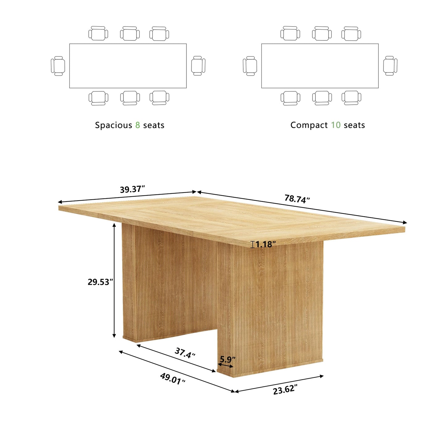 QHITTY 78 Inch Fluted Dining Table, Wood KitchenTable for 6 to 10, Farmhouse Long Rectangle Table with Strip Base for Dining Room, Kitchen Natural