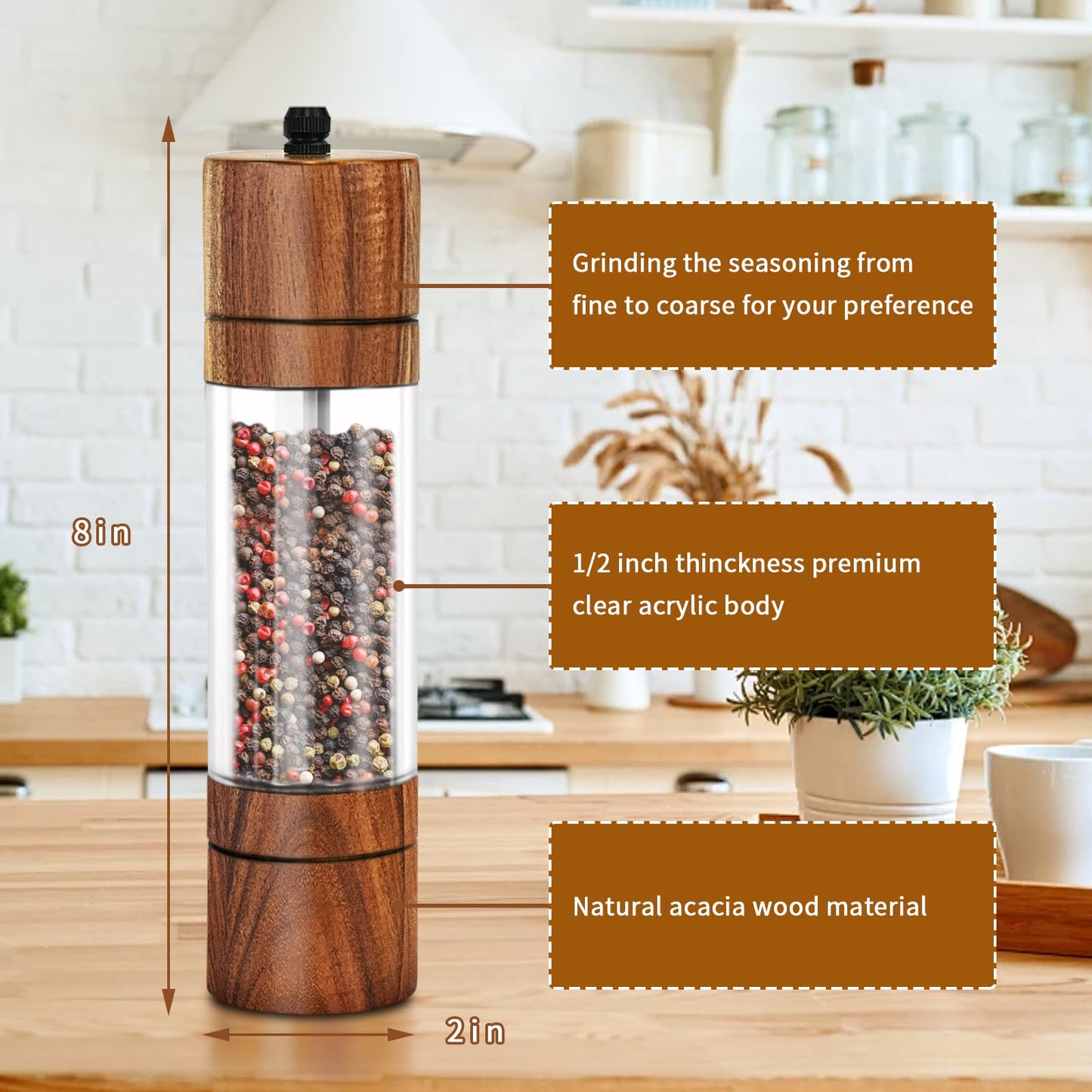 XWXO Acacia Wood Salt Grinder and Pepper Grinder Set Premium Acrylic Salt and Pepper Mill Set, Manual Salt and Pepper Mills- Wooden Shakers with Adjustable Ceramic Core 8 Inches 2 Pack