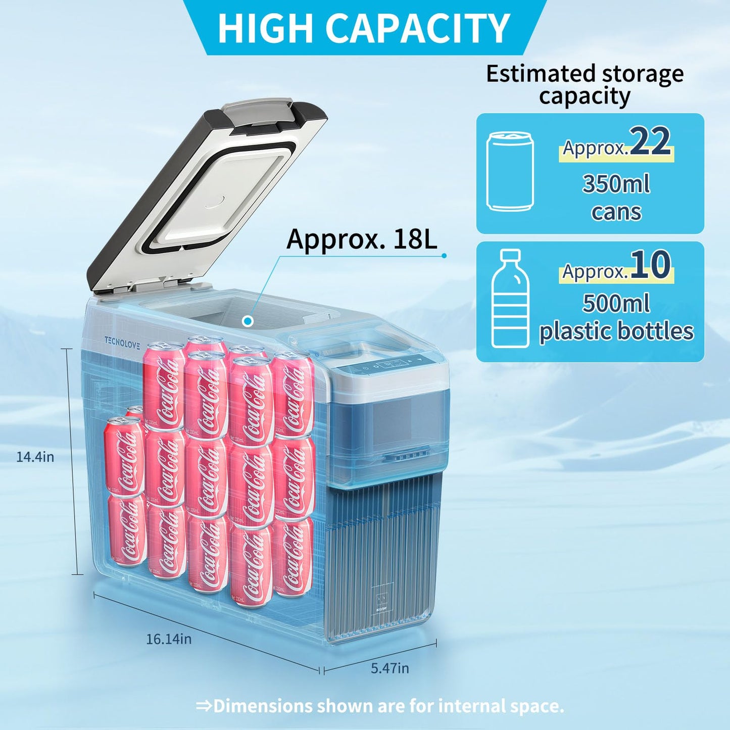 Tecnolove 12 Volt Center Console Fridge, Car Refrigerator 19QT (18L) Cooler (-4℉–50℉), Car Refrigerator, Portable Electric Cooler with 12/24V DC&110V AC for MPV Van