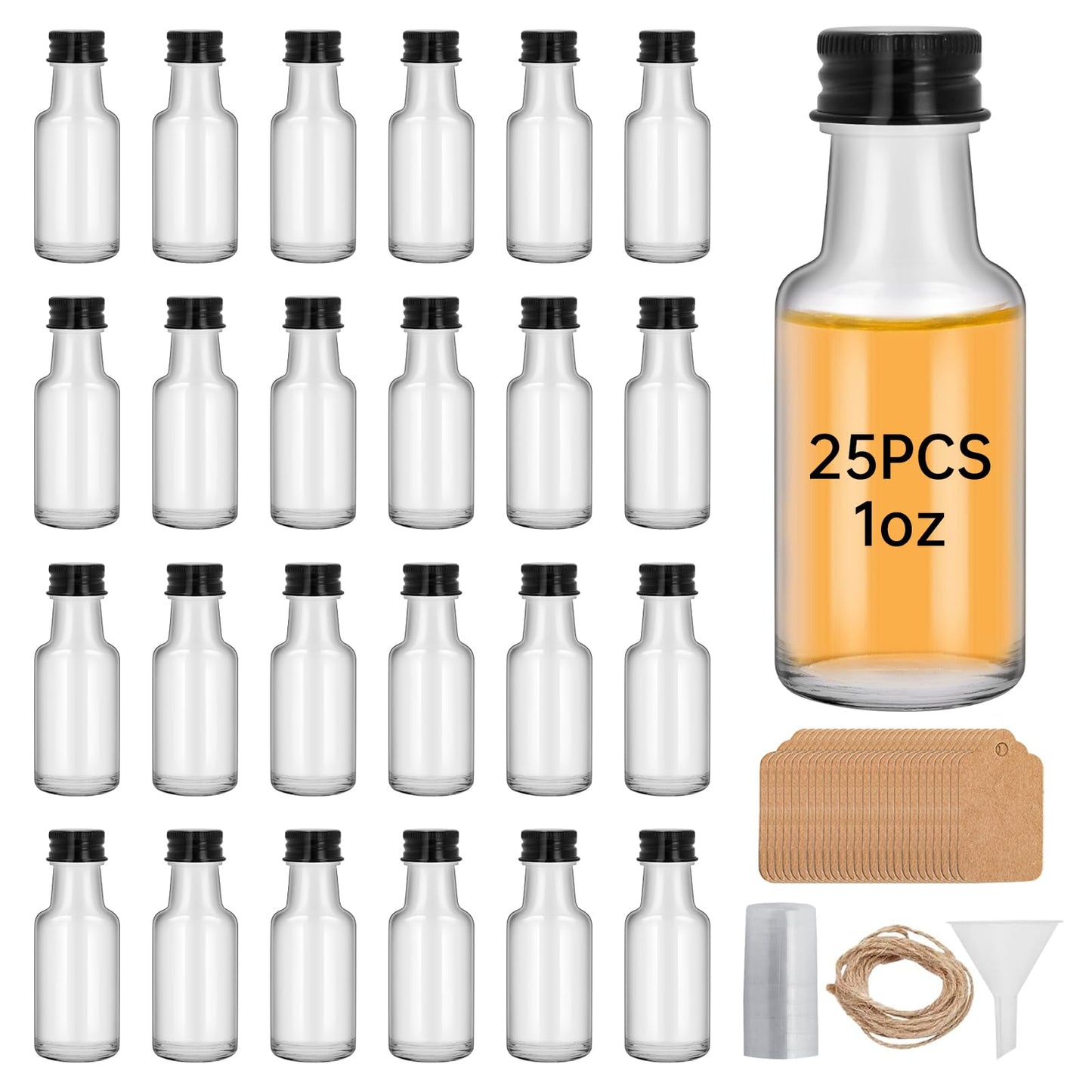 eispap 25Pcs 1oz Mini Glass Liquor Bottles with Lids Small Glass Wine Bottles Reusable Empty Alcohol Bottle with Aluminum Black Screw Cap for Christmas Birthday Weddings Party Favors 30 ml (25)