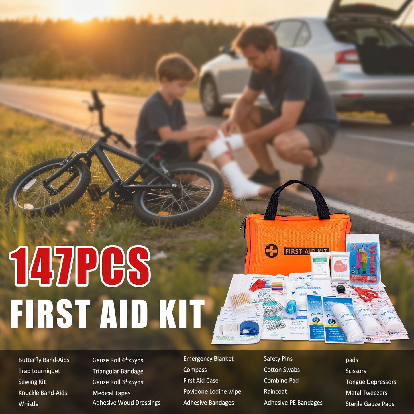 HLWDFLZ Car Roadside Emergency Kit, Jump Starter with Air Compressor, First Aid Kit, Tow Rope, Roadside Safety Emergency Tool Kit for Women, Men, Teen (Orange)