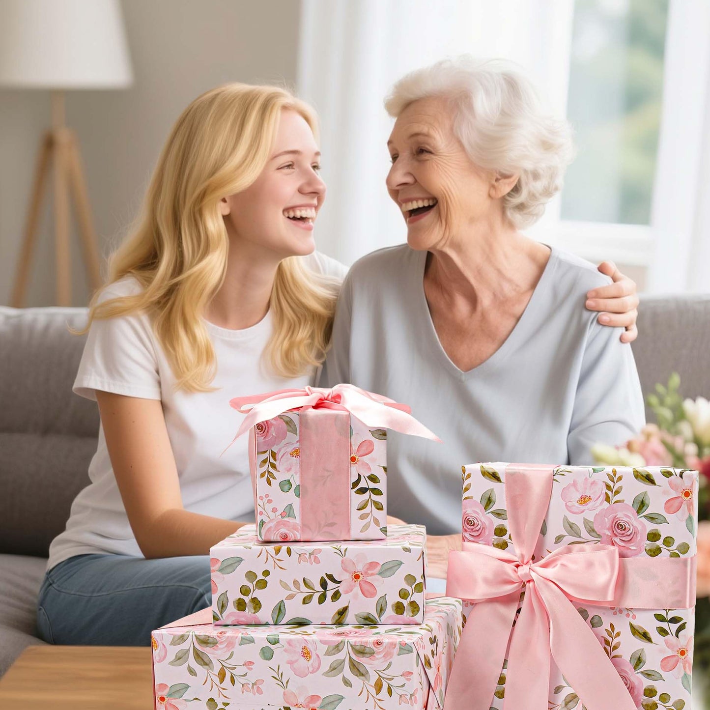 BIOBROWN Reversible Floral Wrapping Paper Roll - 17 Inches X 33 Feet (47 sq. ft. ttl.) Pink Watercolor Roses Design Flower Gift Wrap for Mother's Day, Wedding, Bridal Shower, Valentine's Day