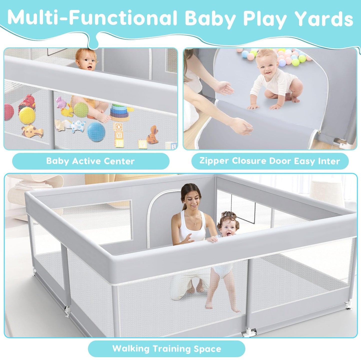 Fshibila Baby Playpen, 50x50 Inch Baby Playard for Babies and Toddlers, Play Pens for Indoor & Outdoor, Sturdy Safety Play Yard with Soft Breathable Mesh, Anti-Fall, Grey