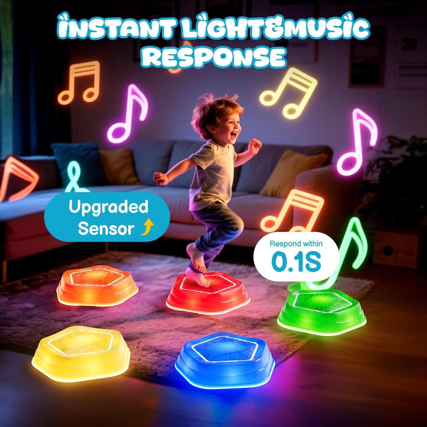 Calo 5Pcs Rechargeable Stepping Stones for Kids Toddler 3-5 with Light&Music,Balance Sensory Stepping Stones Indoor Outdoor Play,5 Long-lasting Batteries, Instant Response,Upgraded PVC, Support 200LBS