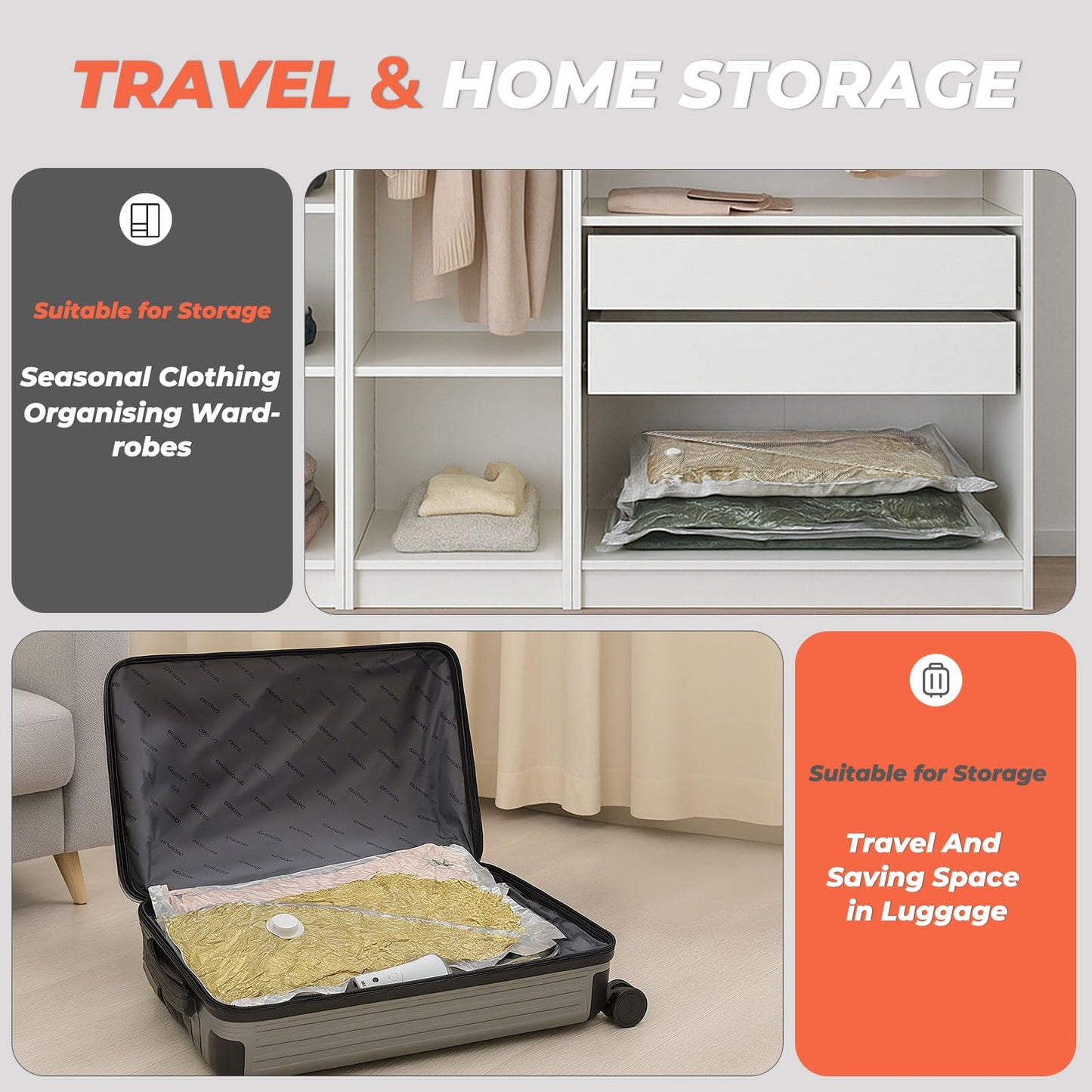 Vacbird Vacuum Seal Bags for Clothing with Rechargeable Cordless Pump, 12 Pack Compression Packing Bags, Space Saver Storage for Seasonal Clothes Bedding Blanket Pillows Comforters Luggage Travel