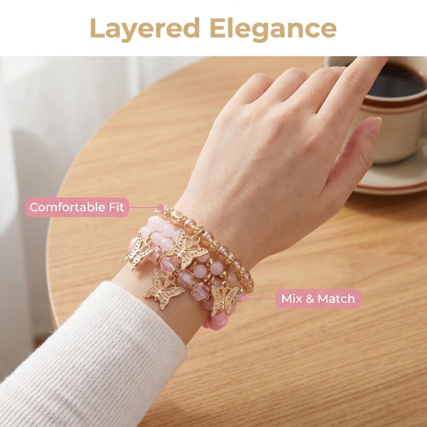 LOTSOF Boho Flower Beaded Bracelet Set for Women - Multilayer Crystal & Flower Charm Stackable Bracelets, Fashion Jewelry Gift for Her (Pink Butterfly)