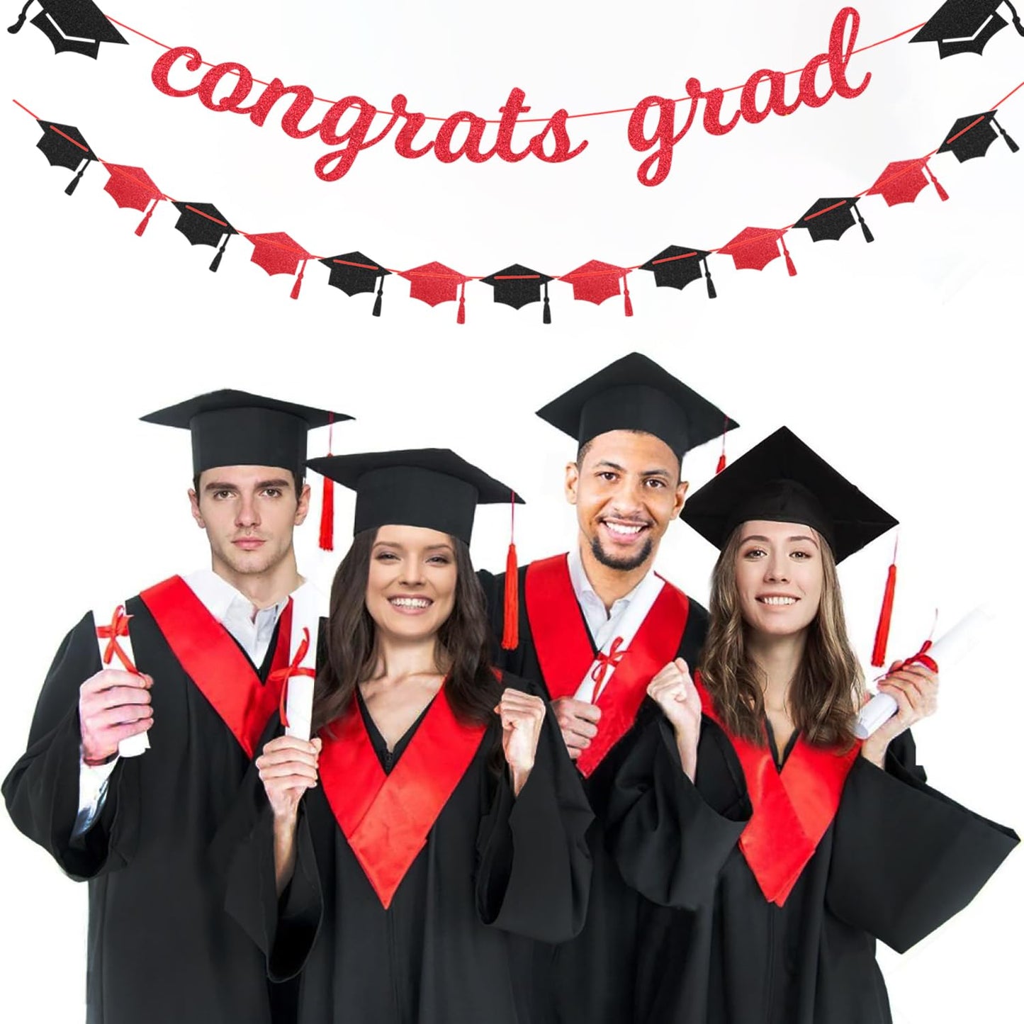 Red-Black White Party-Decorations Graduation Banner-Streamers - 18pcs Kits 2026 Congrate Grad Garland,Congratulations Paper Tissue Pom Poms Fan,Honeycomb Lanterns Decor Panduola