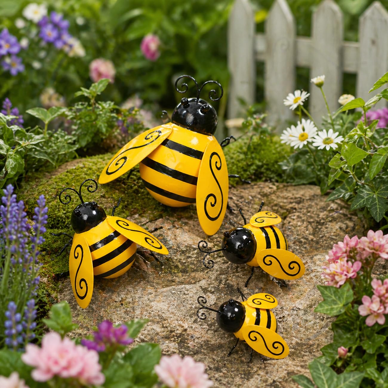 Miyolo Metal Bumble Bees Garden Outdoor Decor Honey Bee Yard Art Outside Patio Fence Home Wall Decorations (Set of 4)