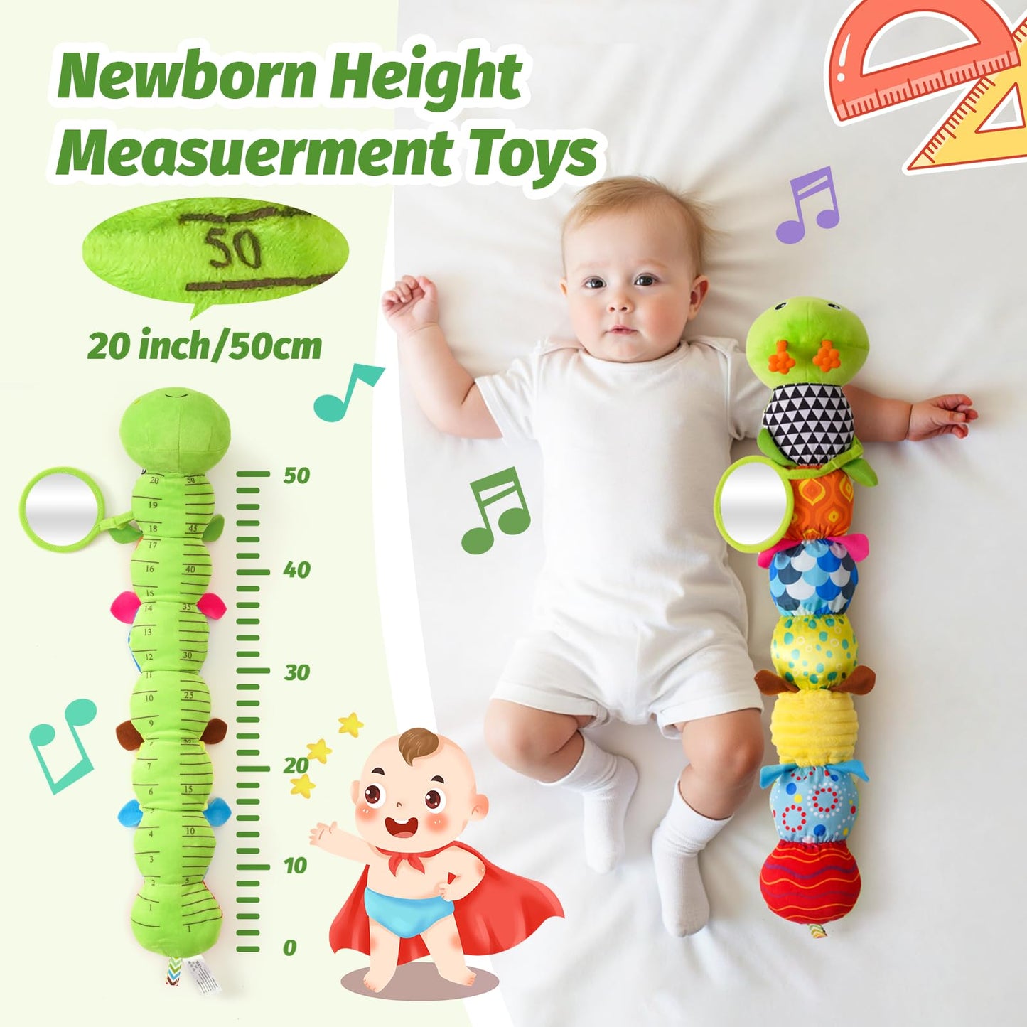 Baby Toys 0-6 Months, Musical Caterpillar Baby Rattle, Plush Sensory Toy with Mirror, Crinkle Textures, Newborn Developmental Tummy Time Stuffed Animal for Infants Boys Girls 6-12 Month (Green)